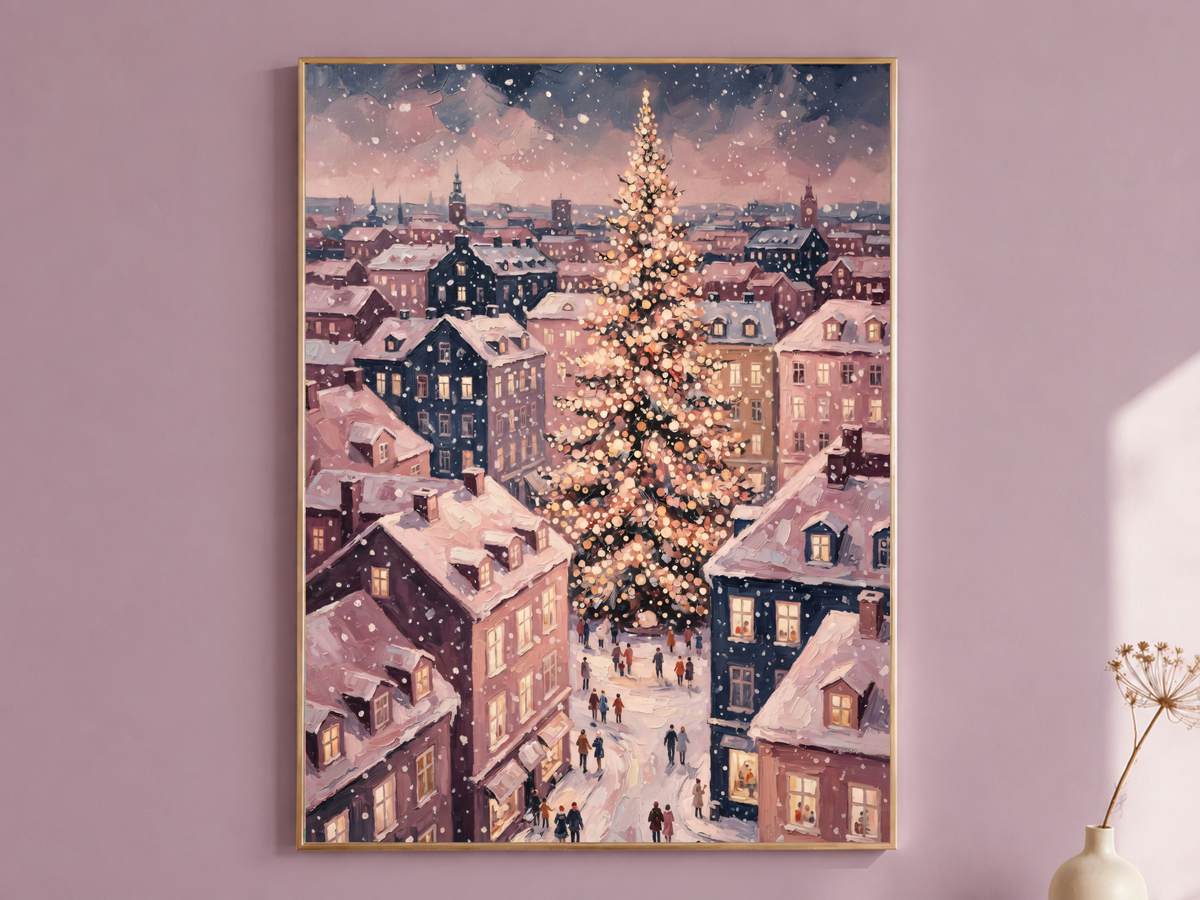 European Christmas Village Wall Art, Snowy Town Square Print - Digital Download