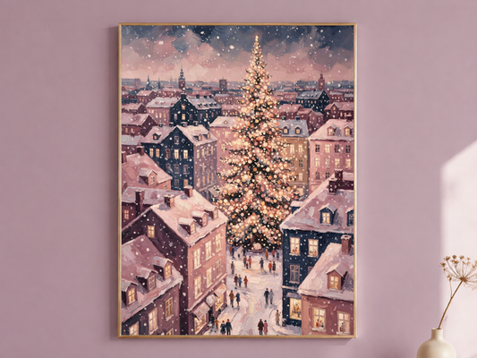 European Christmas Village Wall Art, Snowy Town Square Print - Digital Download
