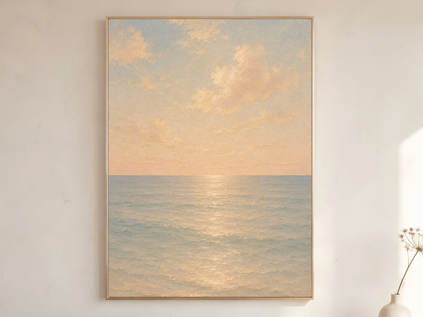 Calming ocean horizon wall art printable, pastel sunset sea painting, minimalist coastal decor, quiet luxury printable artwork