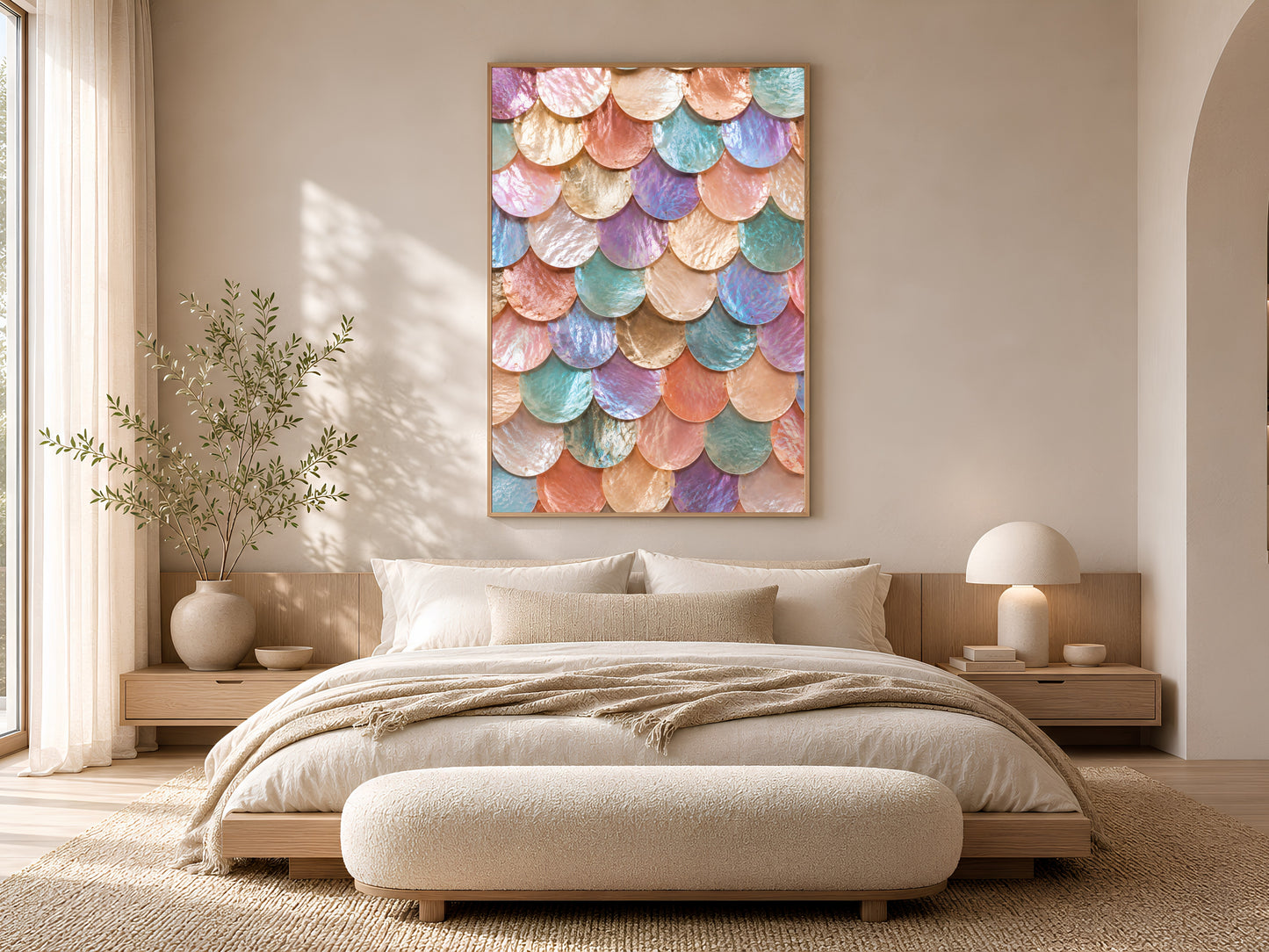 Rainbow iridescent mermaid scale wall art framed above a bed in a warm neutral bedroom with arched windows