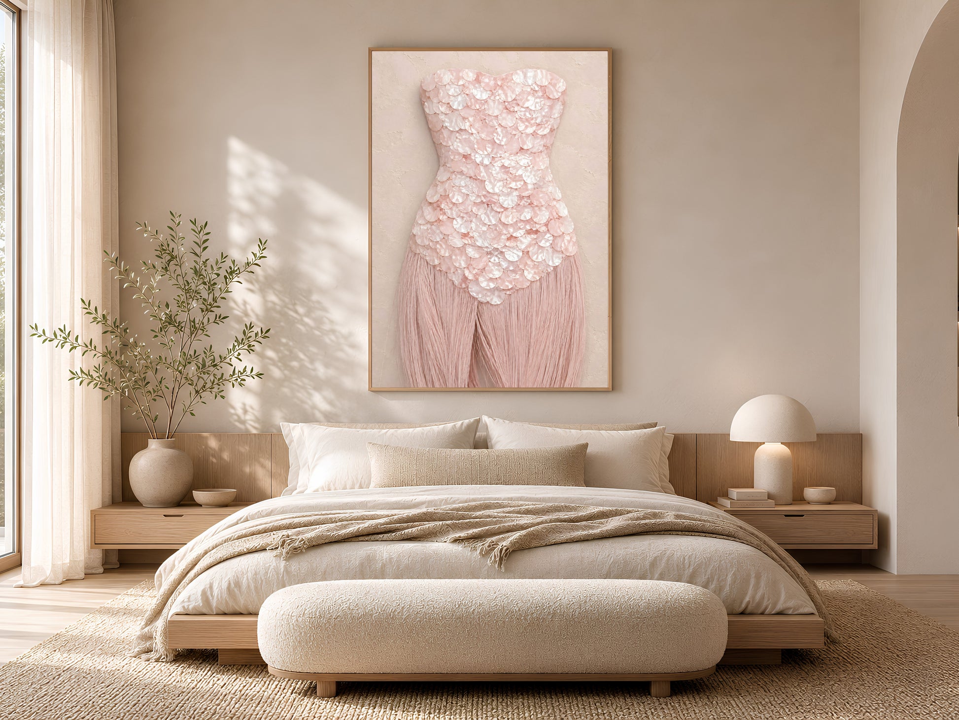 Rose quartz mother of pearl wall art framed in gold, hung above a low platform bed in a sunlit bedroom.