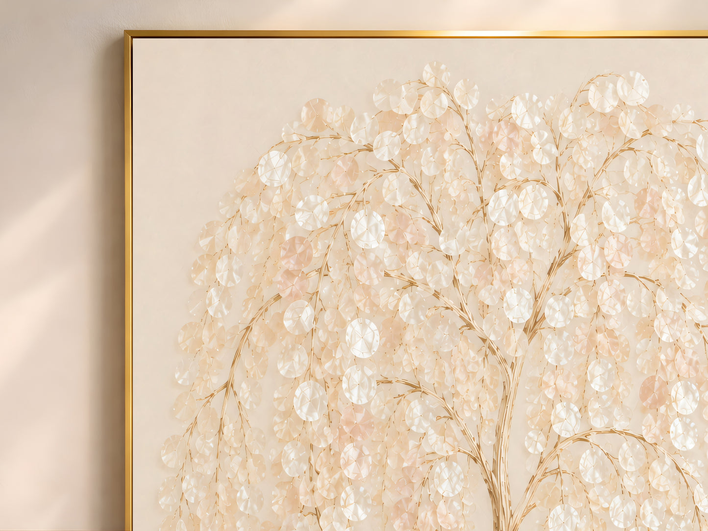 Weeping willow capiz shell art framed above a white curved sofa in a neutral living room
