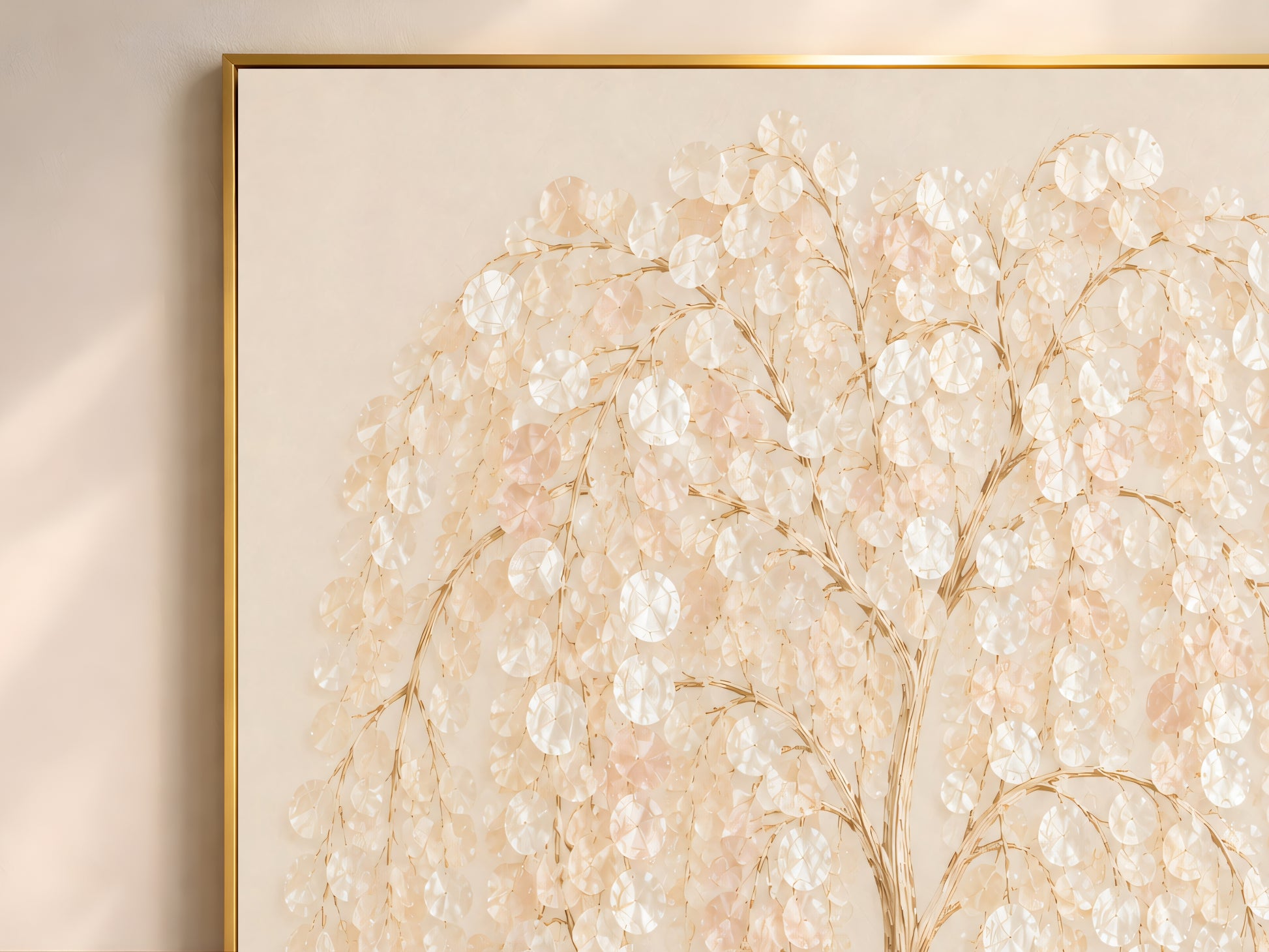 Weeping willow capiz shell art framed above a white curved sofa in a neutral living room
