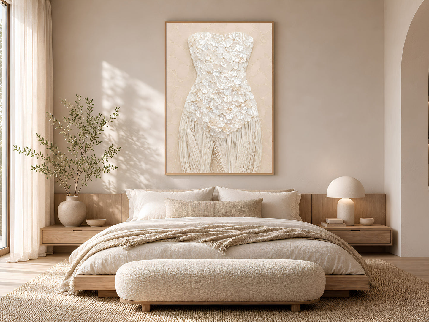 Sand beige mother of pearl wall art framed in gold, hung above a low platform bed in a sunlit bedroom.