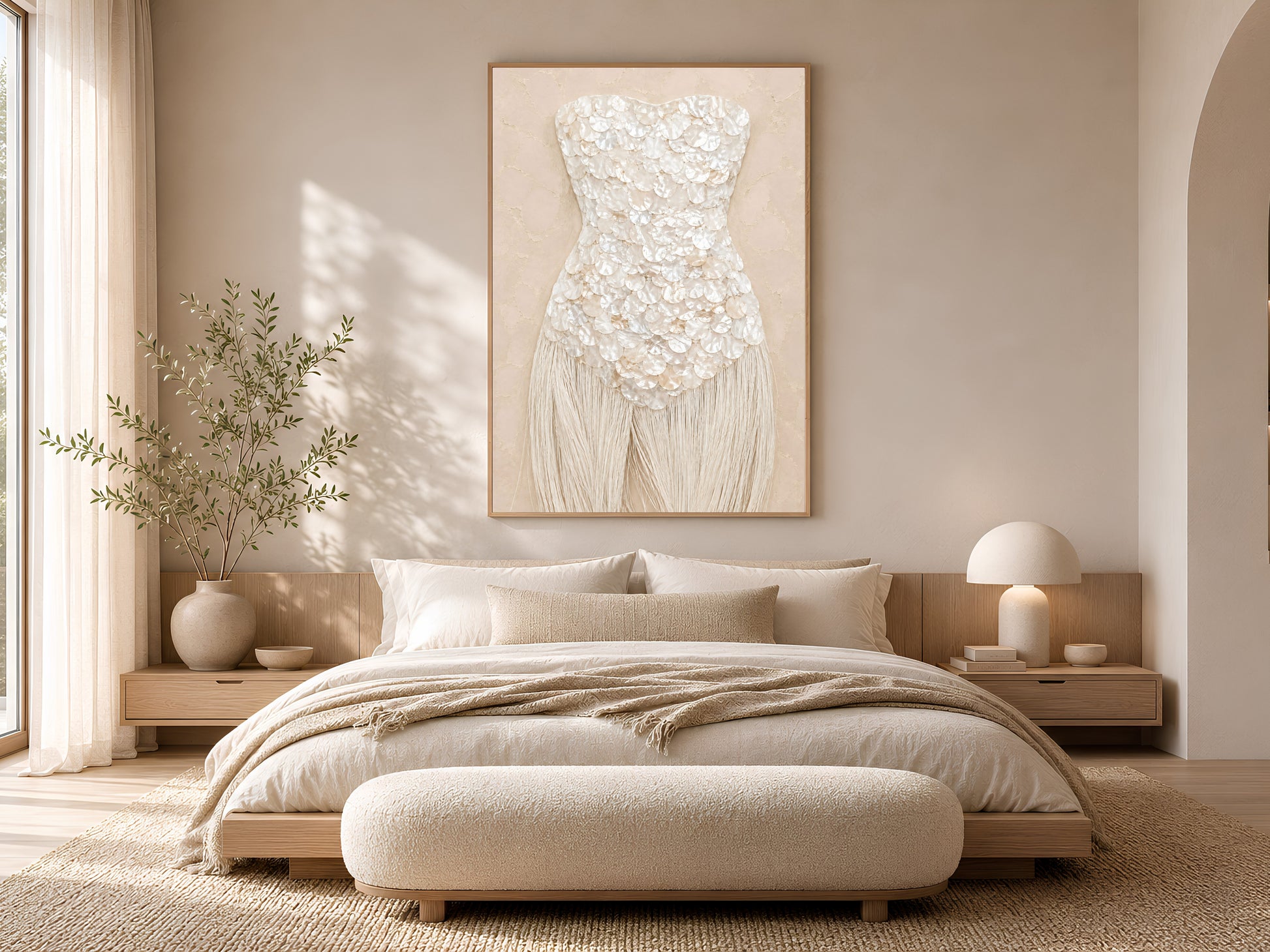 Sand beige mother of pearl wall art framed in gold, hung above a low platform bed in a sunlit bedroom.