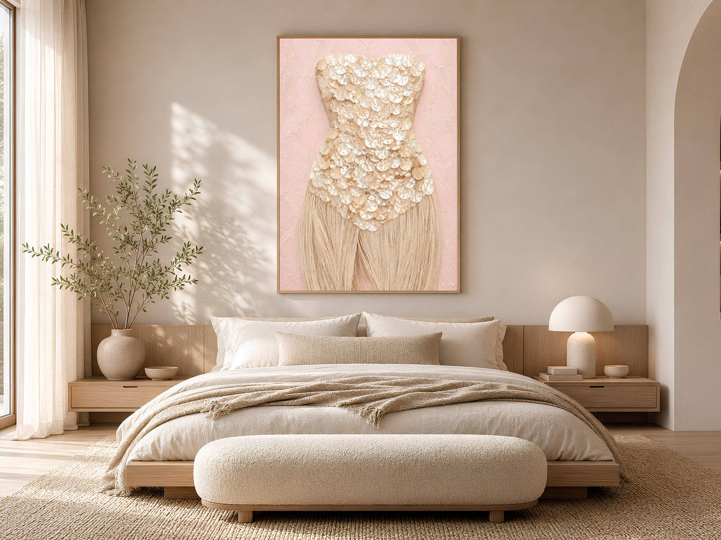 Champagne mother of pearl wall art framed in gold, hung above a low platform bed in a sunlit bedroom.