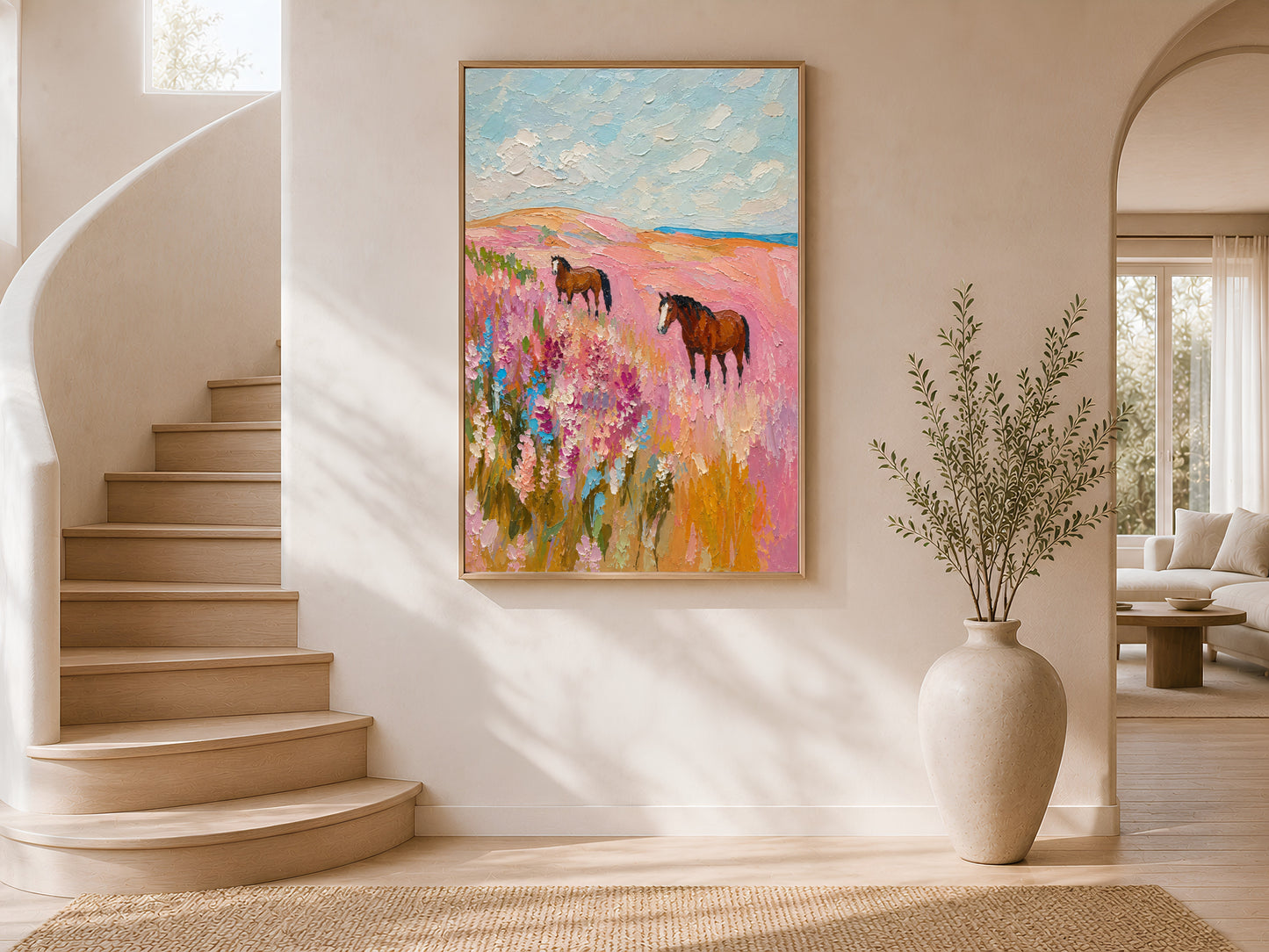 Pink wildflower horse painting framed above a curved staircase in a sunlit entryway
