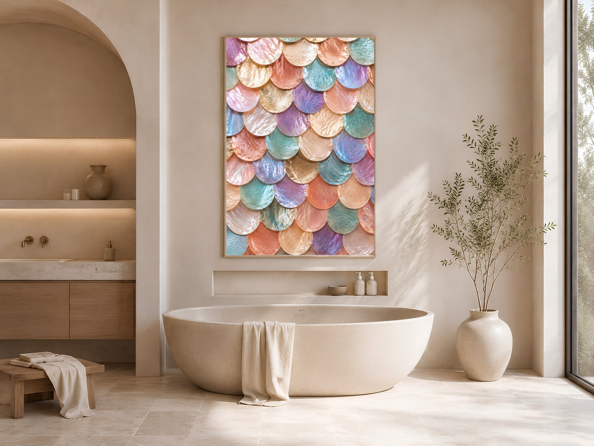 Rainbow iridescent mermaid scale wall art framed in a spa-style bathroom with soaking tub