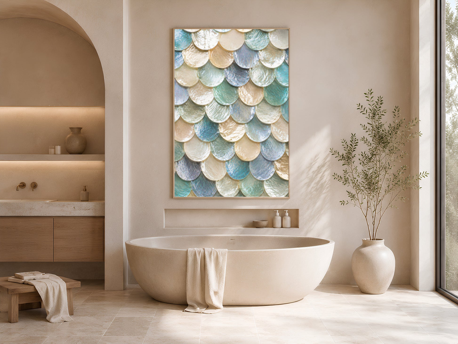 Moonstone mermaid scale wall art framed in a spa-style bathroom with soaking tub