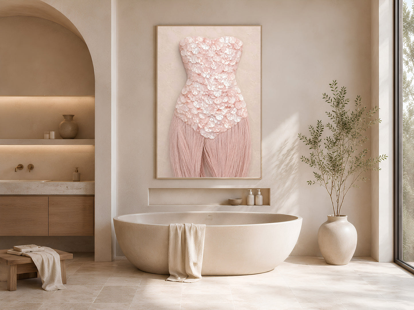 Rose quartz mother of pearl wall art framed in gold, hung above a freestanding tub in a spa-style bathroom.