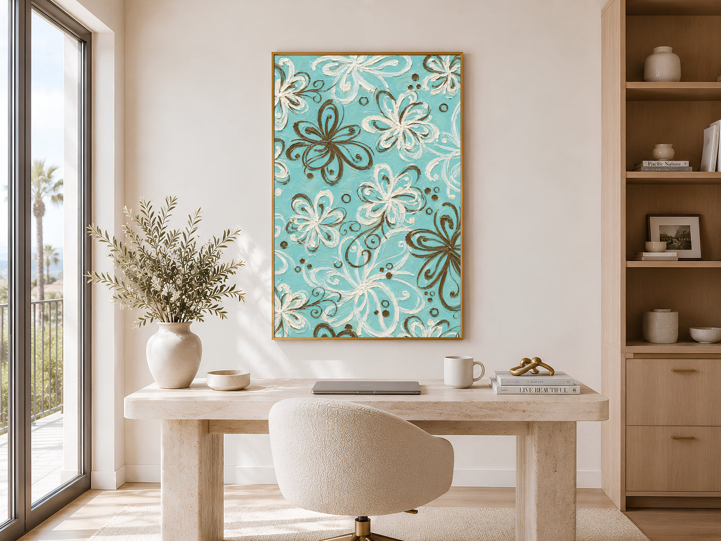 Turquoise retro swirl floral wall art in gold frame in bright home office above white desk with shelving and plant
