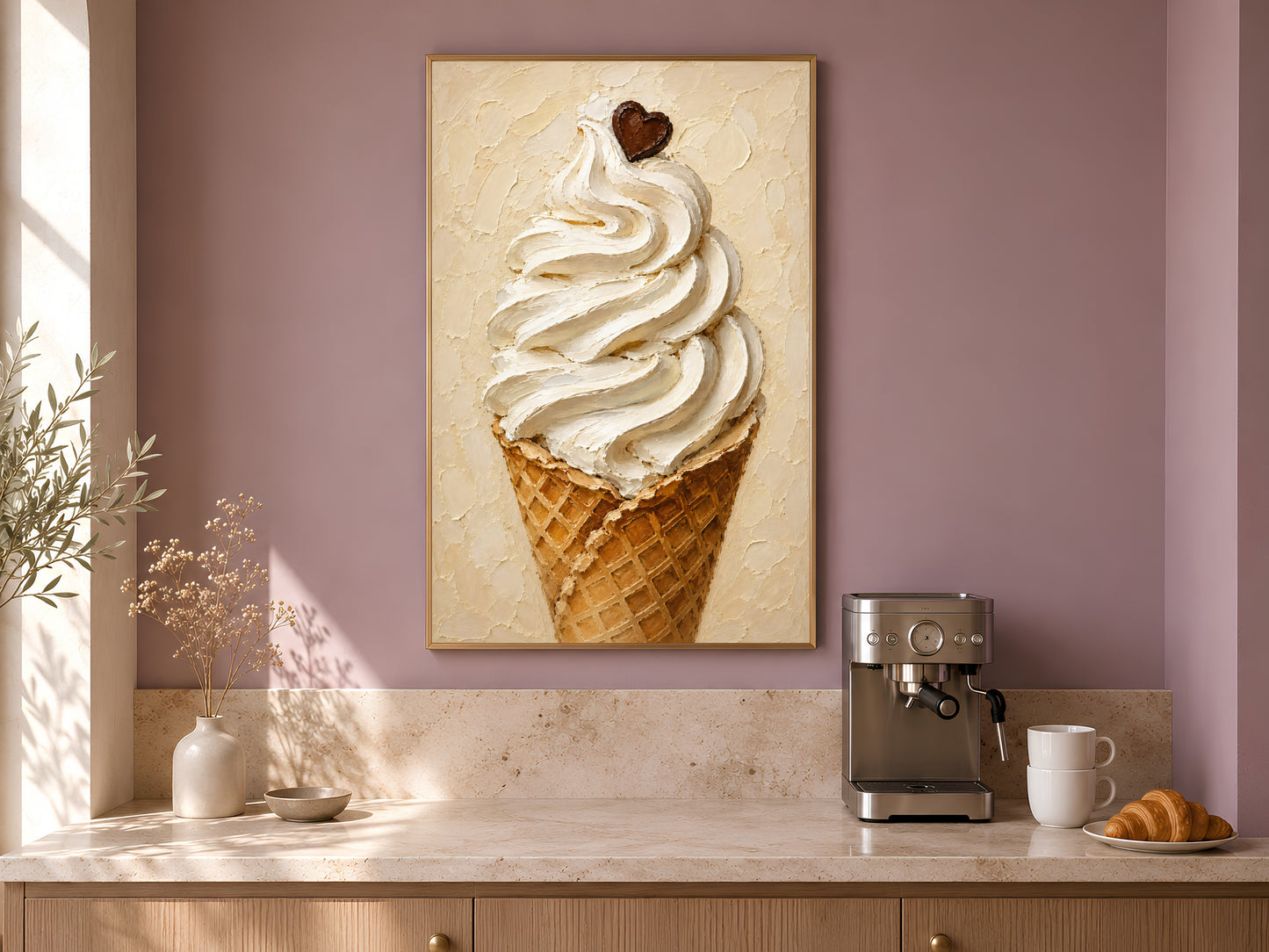 Ice cream soft serve impasto print in a wood frame displayed above a coffee station in a warm minimalist kitchen with cream cabinetry and dried botanicals