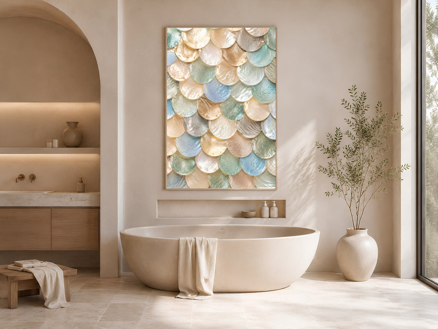 Coastal mother of pearl wall art framed in a spa-style bathroom with soaking tub and arched doorway