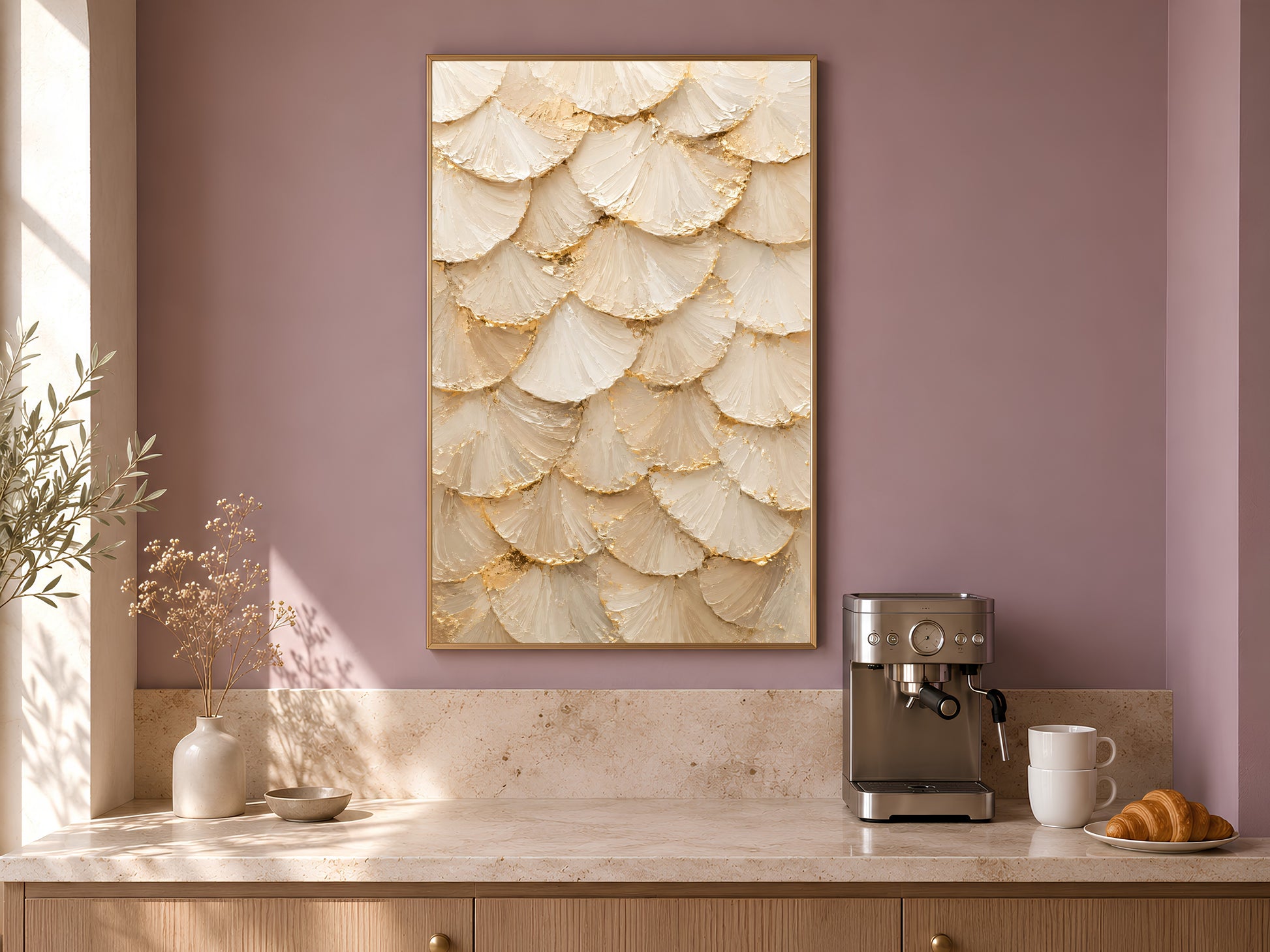 Ginkgo leaf print framed in gold above kitchen counter near coffee machine in warm kitchen
