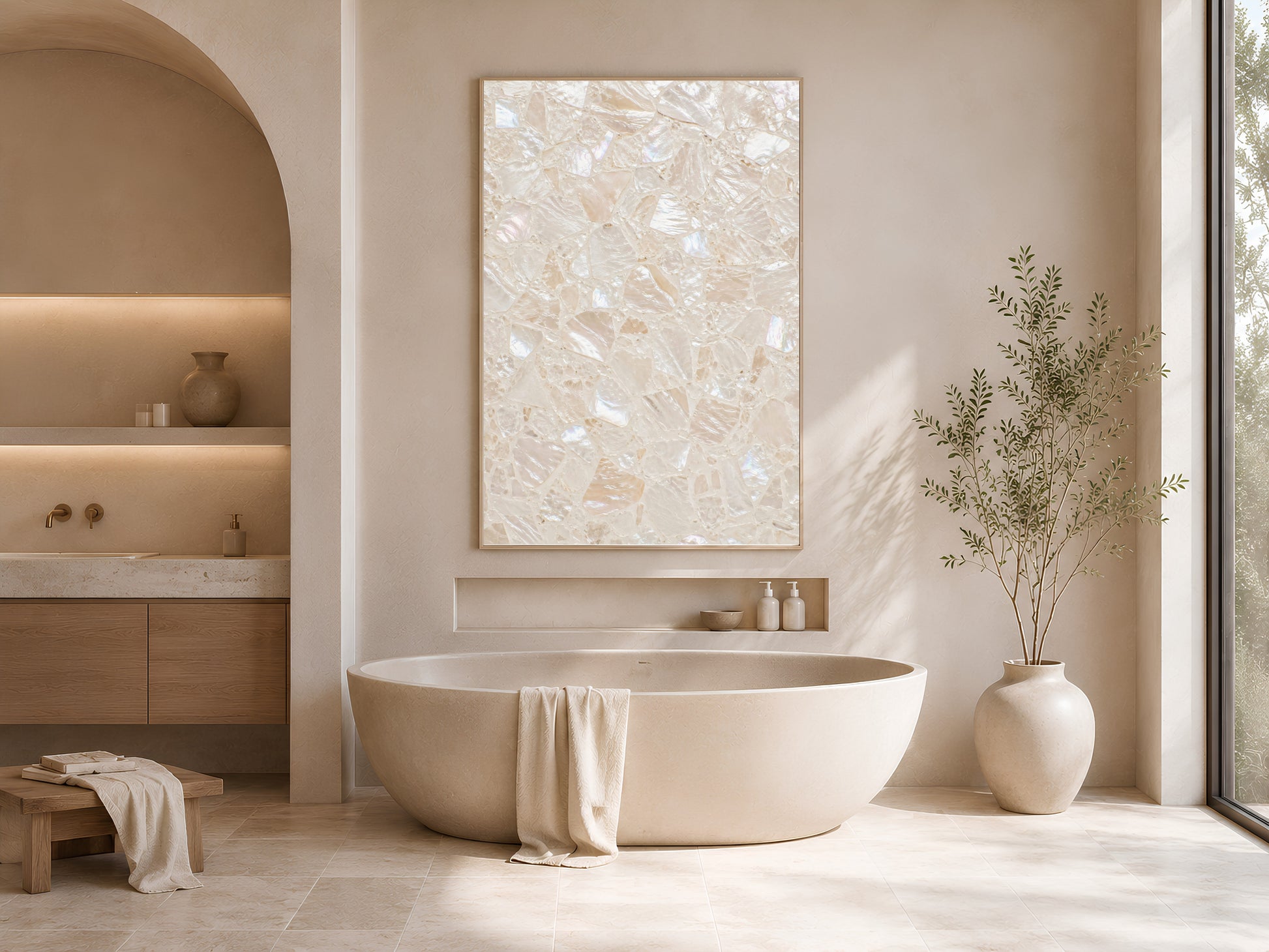 Sunlit bathroom with an arched doorway, freestanding tub, and a framed terrazzo print on the wall.