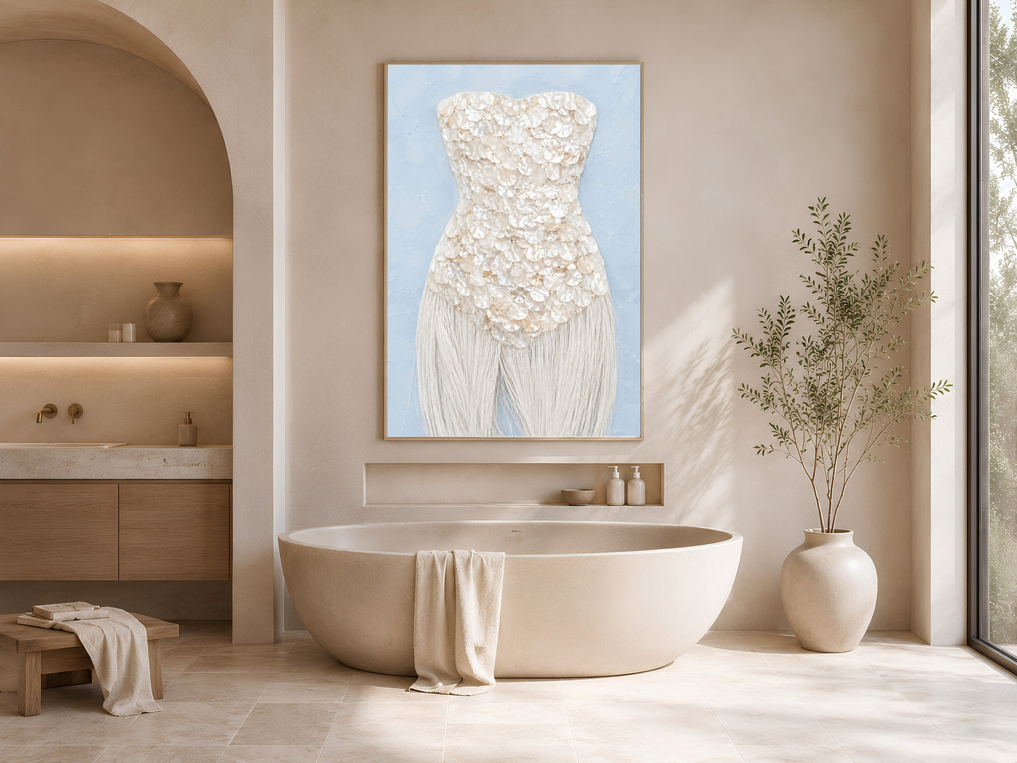 Mother of pearl art print hung above a freestanding tub in a warm, spa-style bathroom.