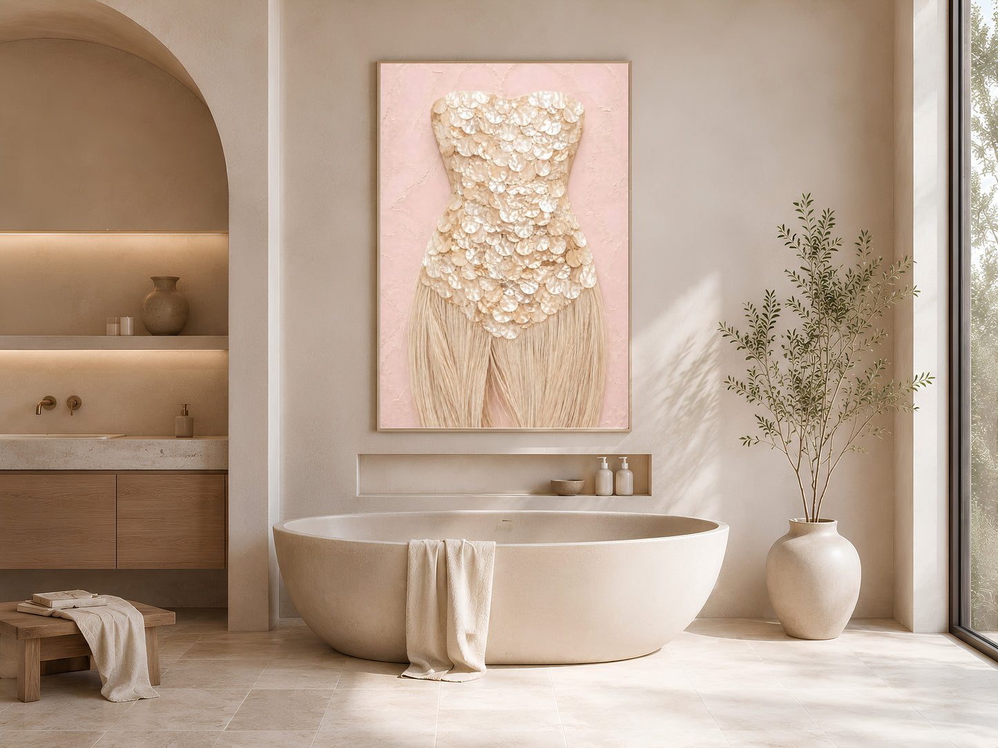 Champagne mother of pearl wall art framed in gold, hung above a freestanding tub in an arched bathroom.