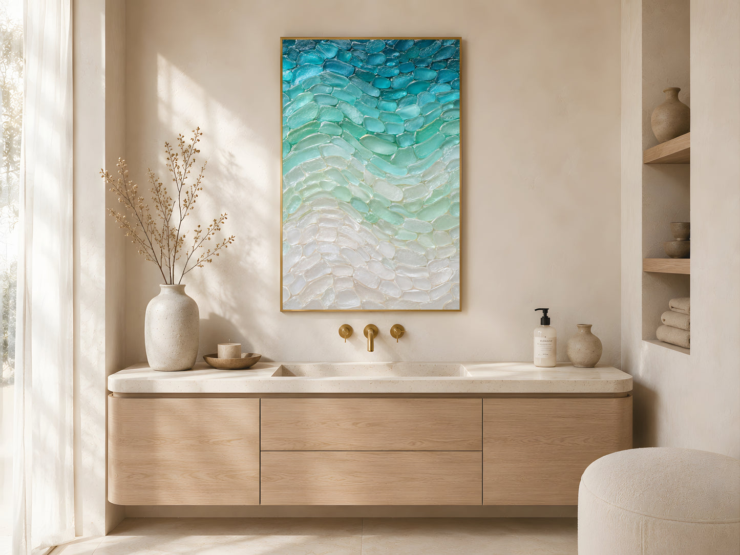 Teal sea glass gradient print in gold frame above oak bathroom vanity in bright coastal bathroom
