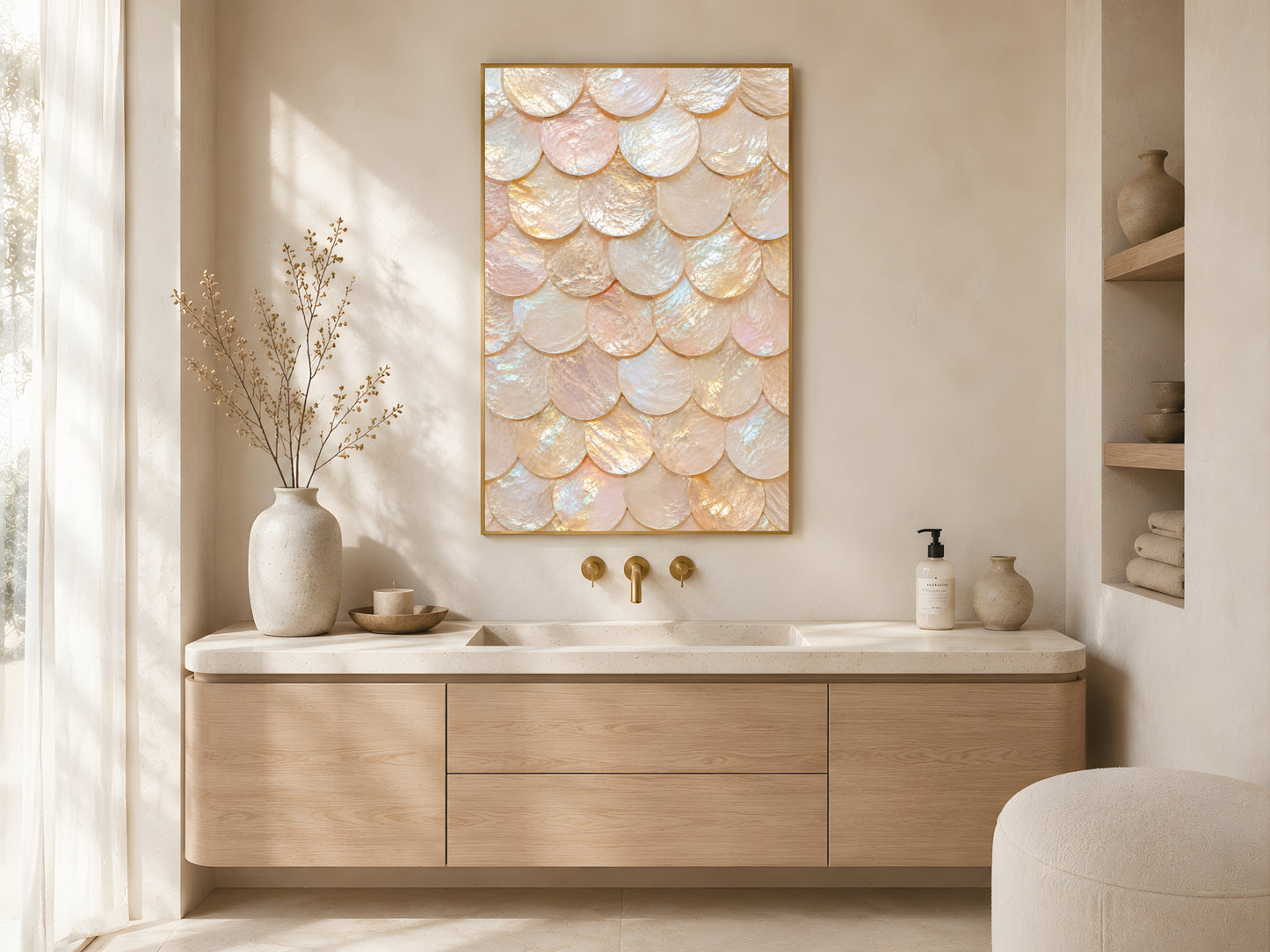 Pearl capiz shell print in gold frame above oak bathroom vanity in warm neutral coastal bathroom