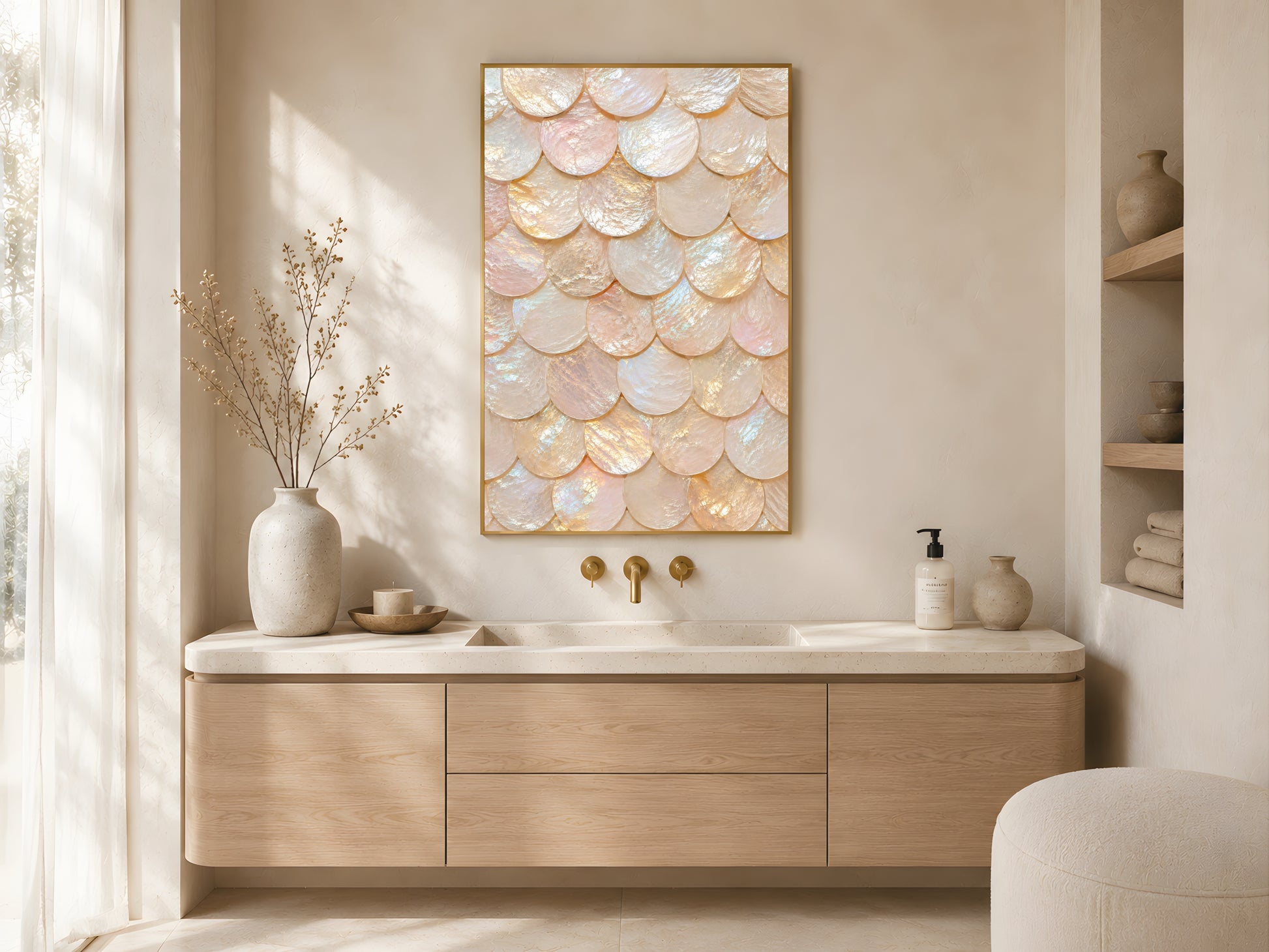 Pearl capiz shell print in gold frame above oak bathroom vanity in warm neutral coastal bathroom