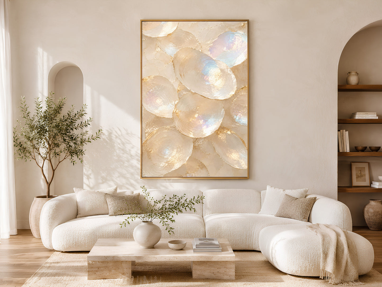 Oyster shell wall art print framed in gold above cream sofa in bright living room with arched shelving

