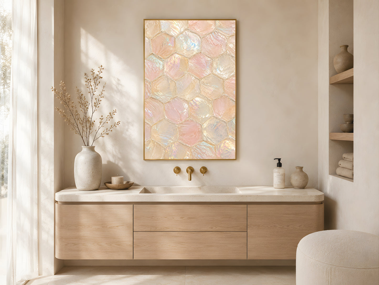 Pearl capiz honeycomb wall art in gold frame above oak bathroom vanity in warm neutral coastal bathroom