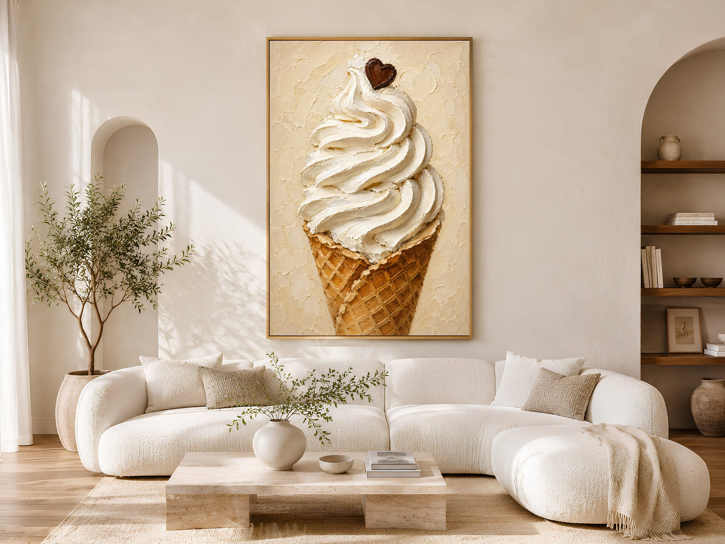 Ice cream soft serve impasto print in a wood frame styled above a cream curved sofa in a bright minimalist living room with warm wood coffee table and natural light
