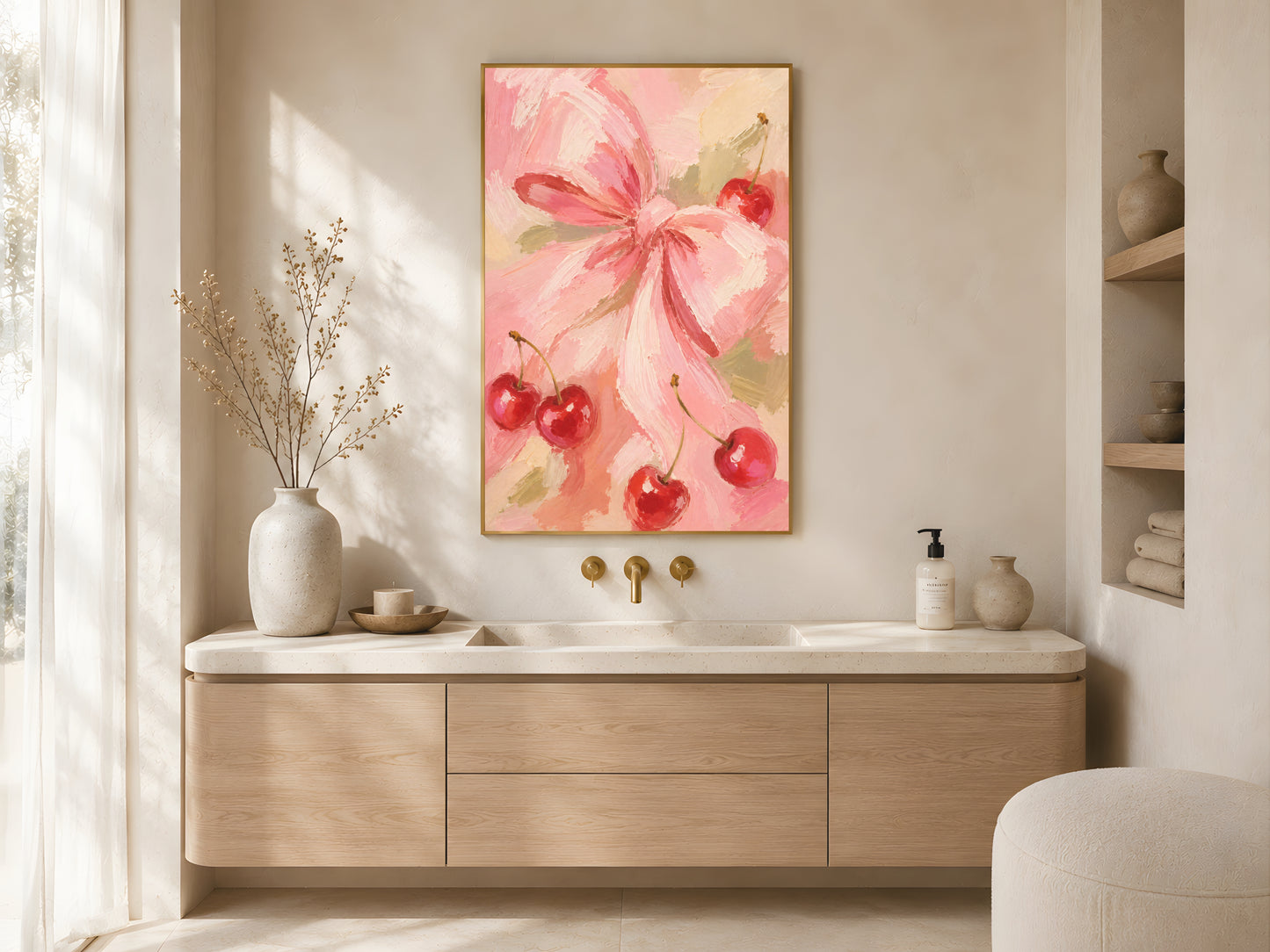 Framed pink cherry bow art print displayed above a wooden sideboard in a warm neutral bedroom