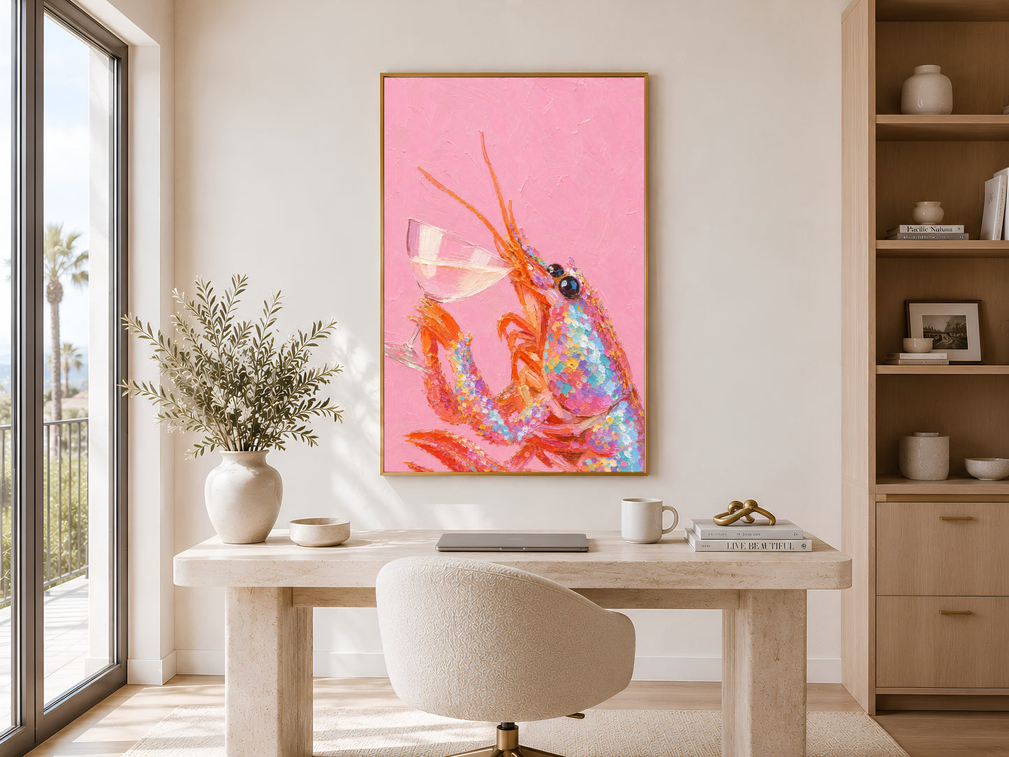 Pink lobster wall art in gold frame in bright home office above white desk with shelving and large window

