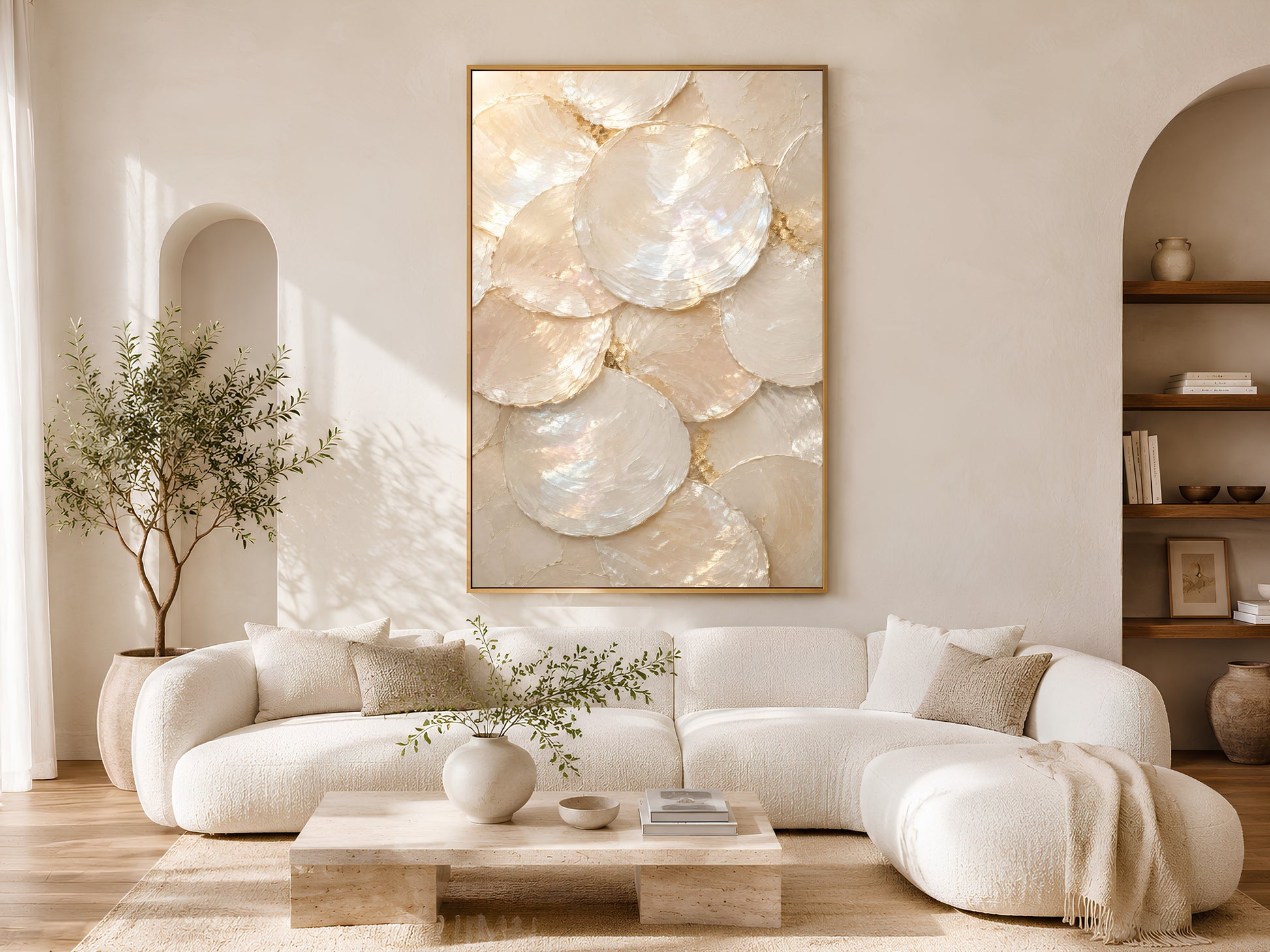 Mother of pearl shell print framed in gold above cream sofa in bright living room with arched shelving

