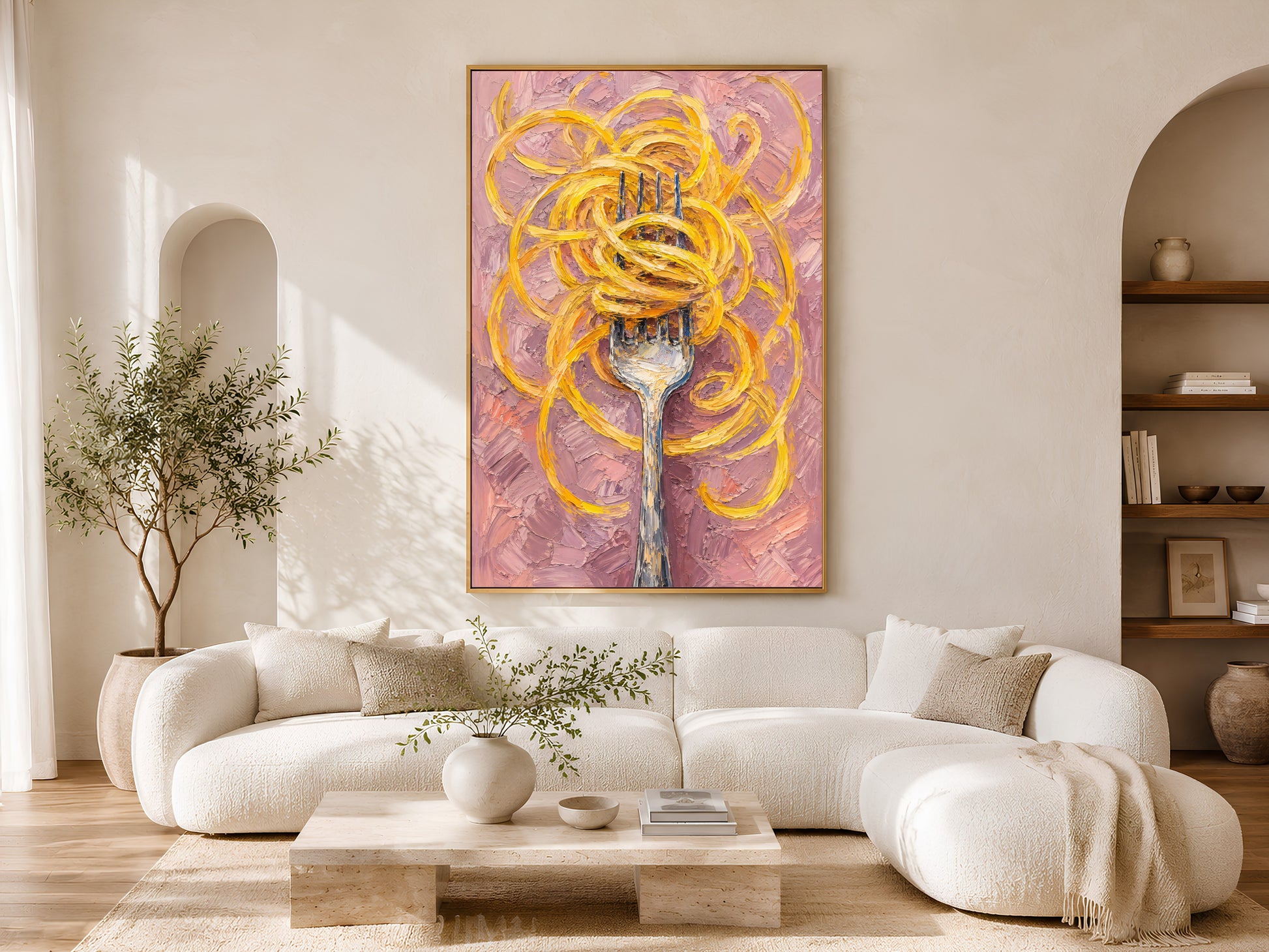 Pasta wall art in a wood frame styled above a cream curved sofa in a bright minimalist living room with warm wood coffee table and olive tree
