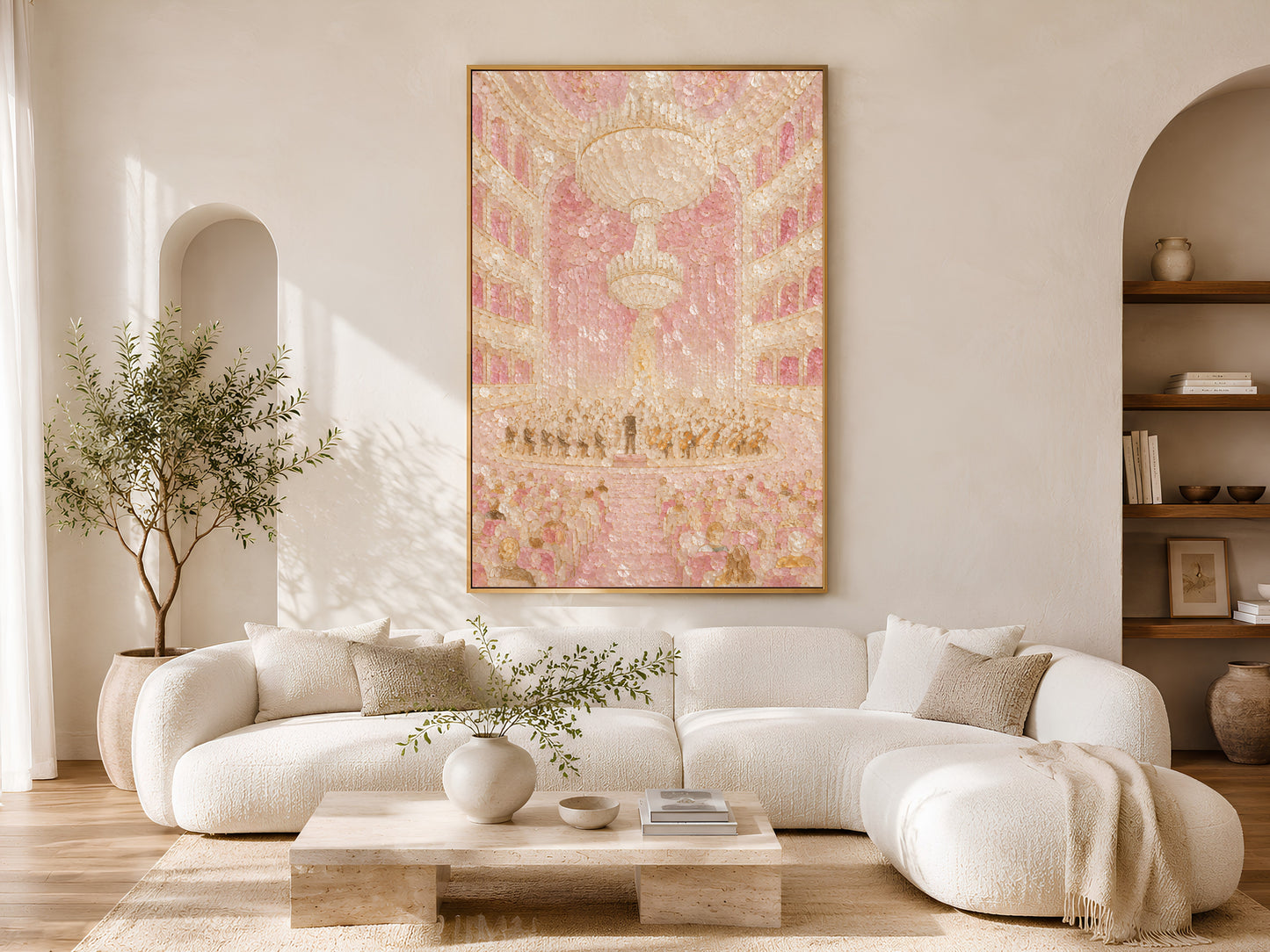 Opera house wall art print framed in gold above cream sofa in bright living room
