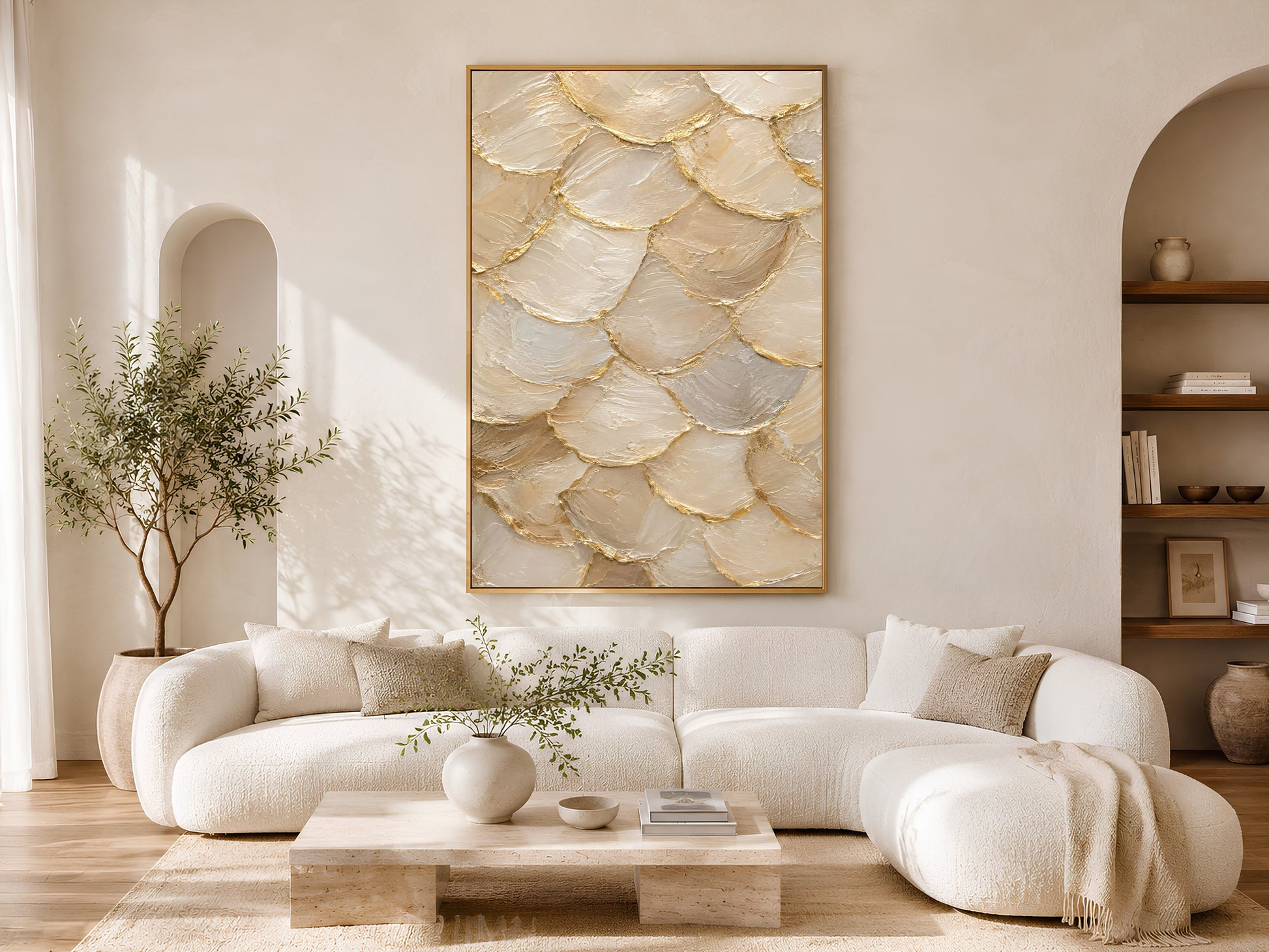 Capiz shell wall art print above cream sofa in bright living room with arched doorway
