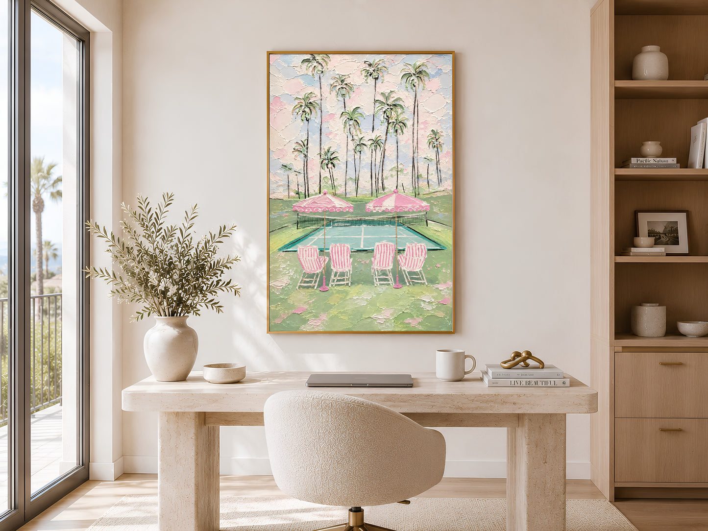 Pink tennis court wall art in gold frame in bright home office above white desk beside window
