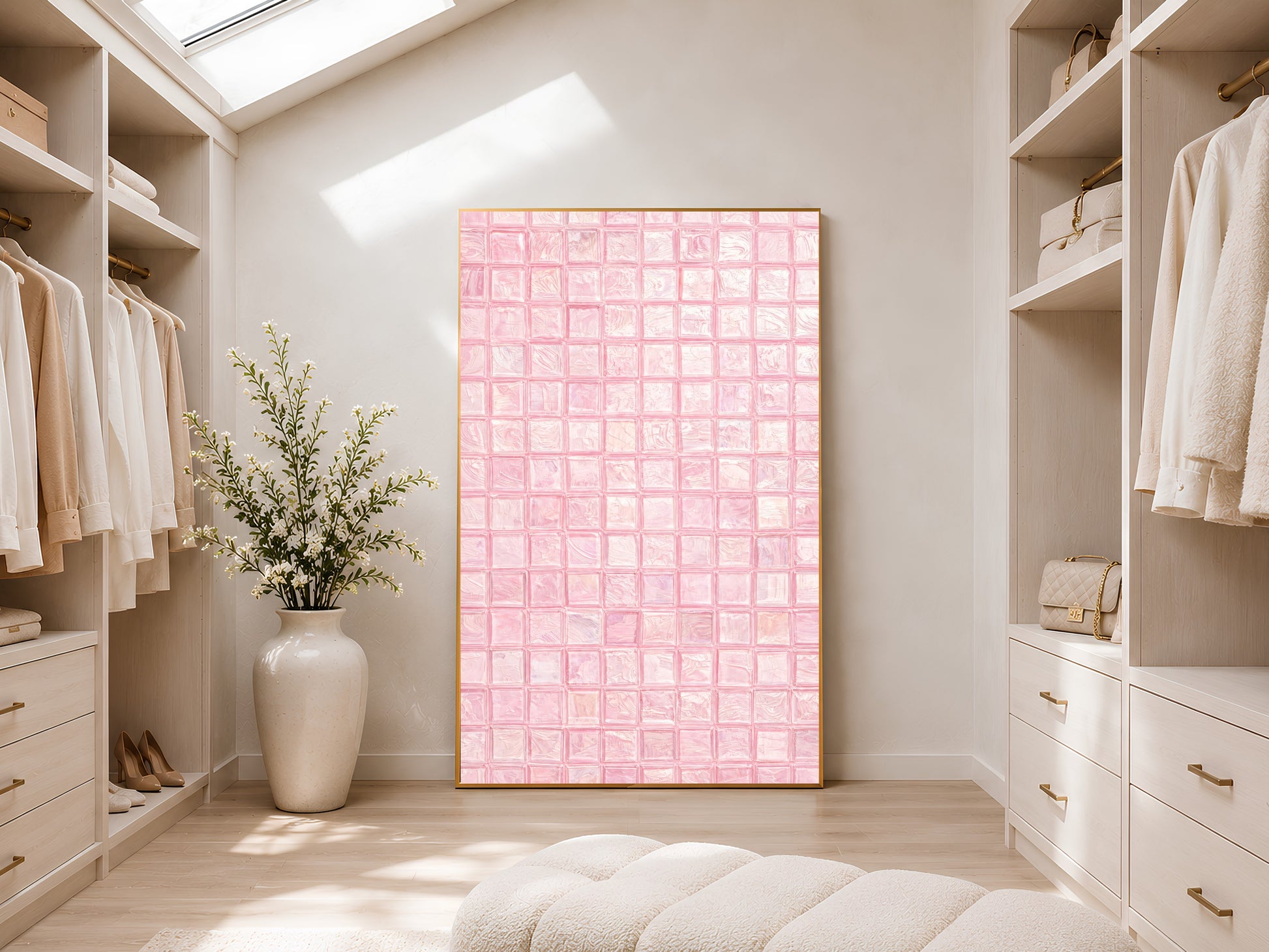 Blush pink mosaic tile wall art in a gold frame displayed in a bright walk-in closet with white shelving, hanging garments, and a cream ceramic vase
