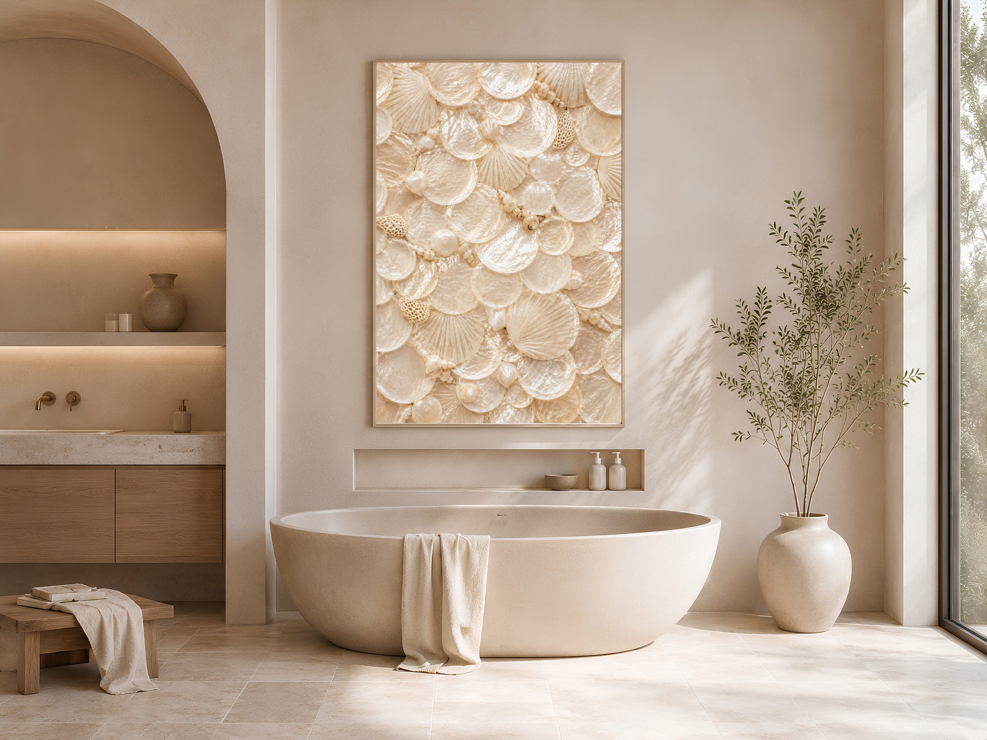 Sunlit bathroom with an arched niche, freestanding tub, and a framed nautilus shell print on the wall.