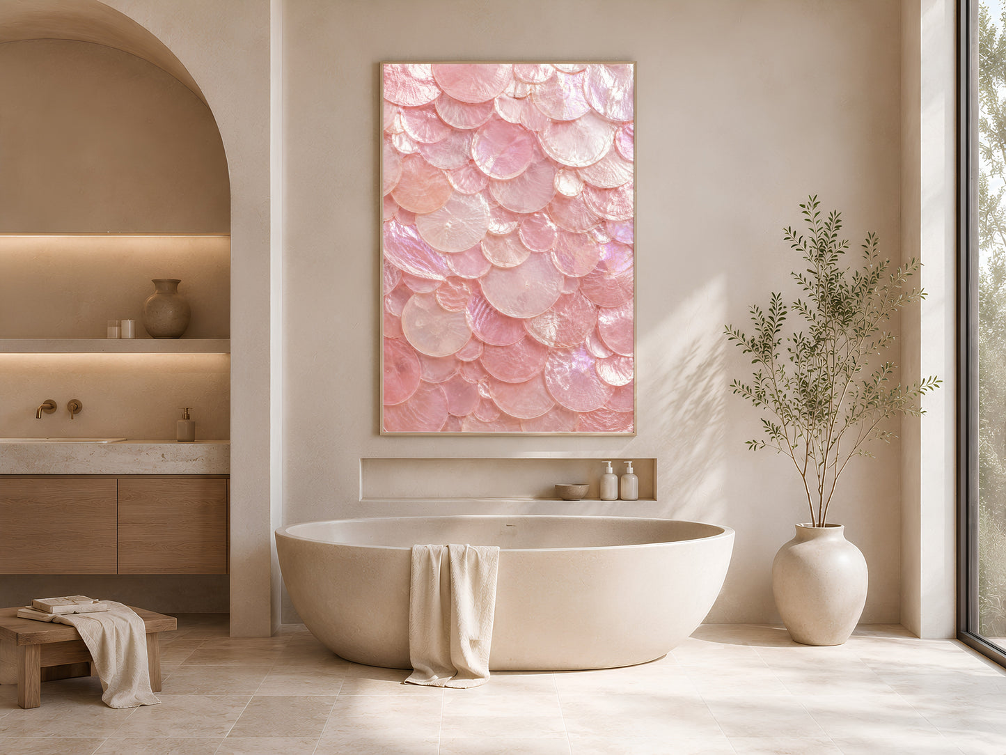 Neutral bathroom with a freestanding tub, potted greenery, and a framed blush shell print above the vanity nook.