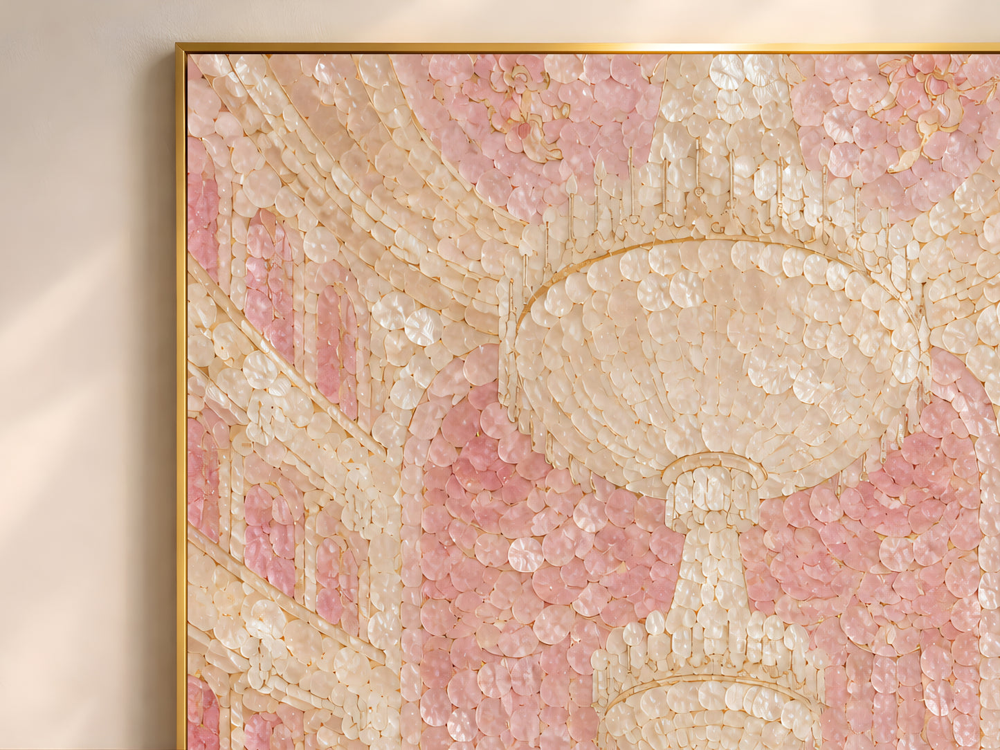 Close up of blush pink opera house wall art showing capiz shell mosaic texture and chandelier

