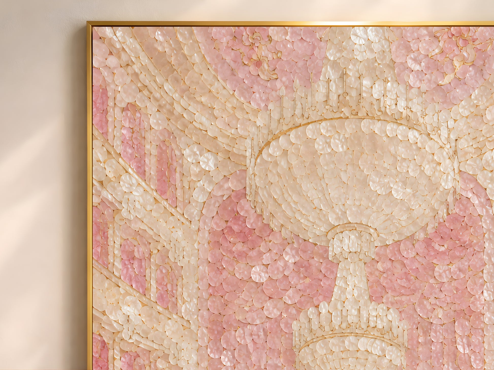 Close up of blush pink opera house wall art showing capiz shell mosaic texture and chandelier
