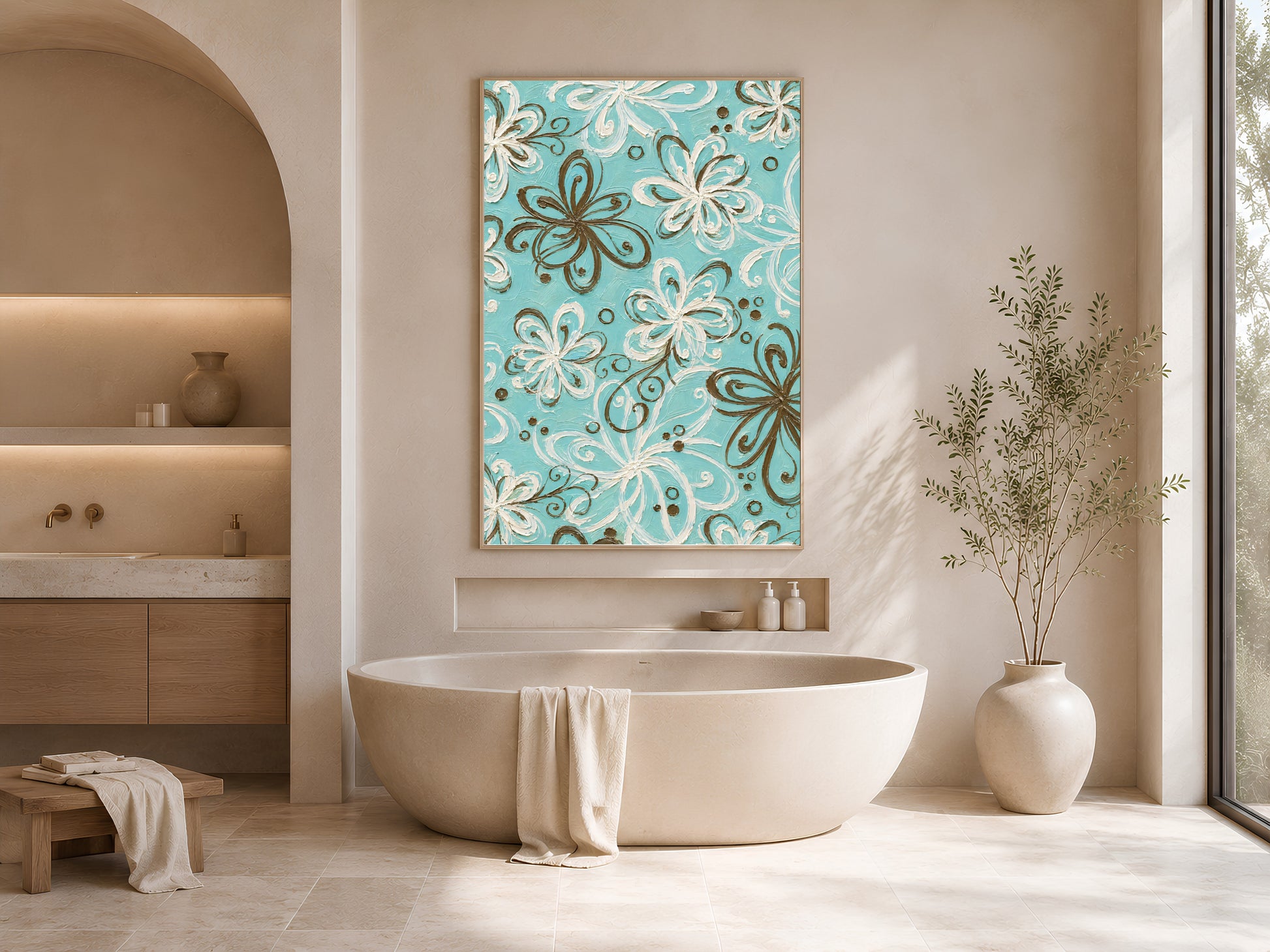 Turquoise retro swirl floral print in gold frame beside freestanding bathtub in bright neutral bathroom with vase
