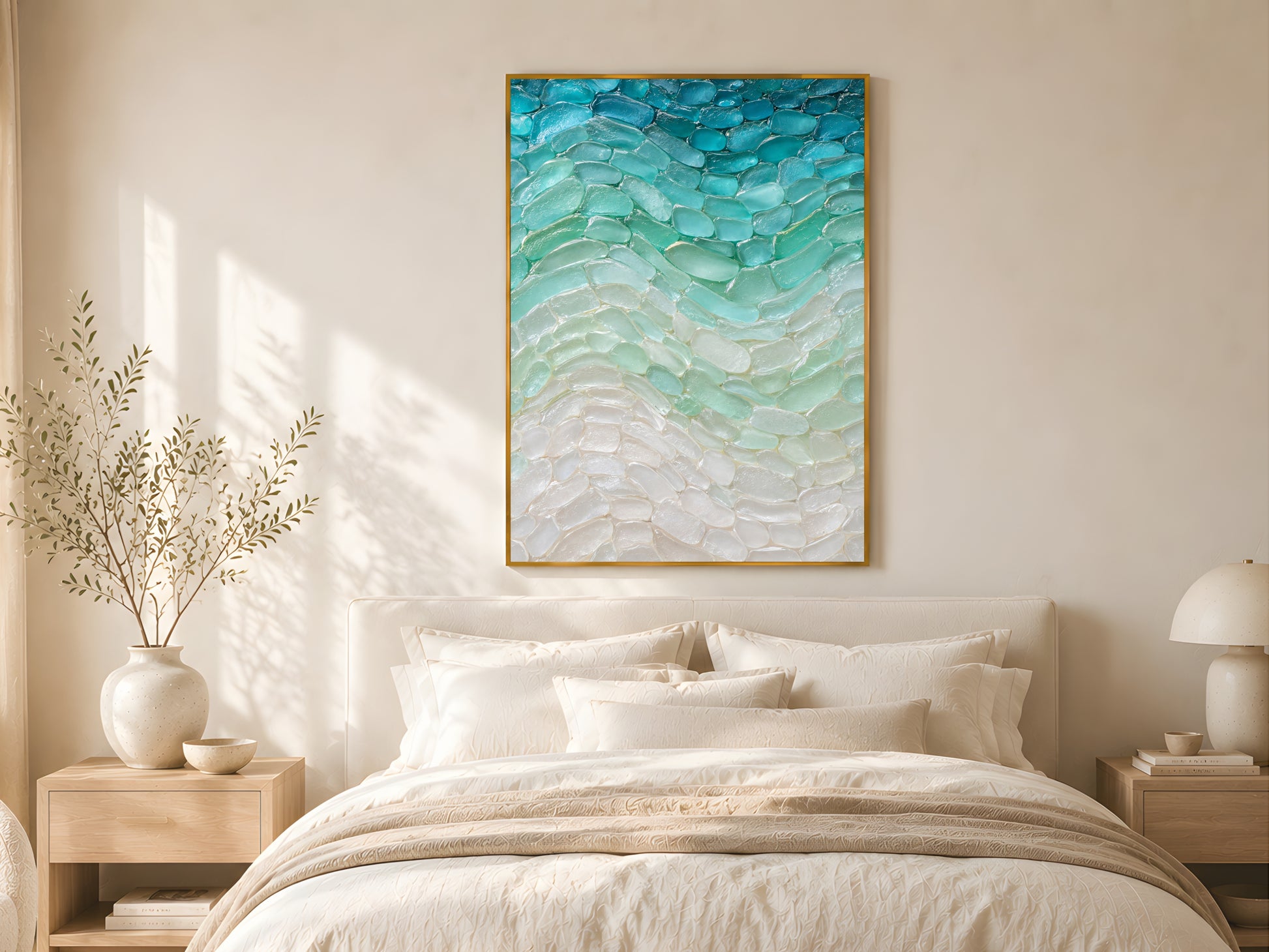 Teal aqua sea glass wave print above linen bed in Scandinavian coastal bedroom with dried botanicals