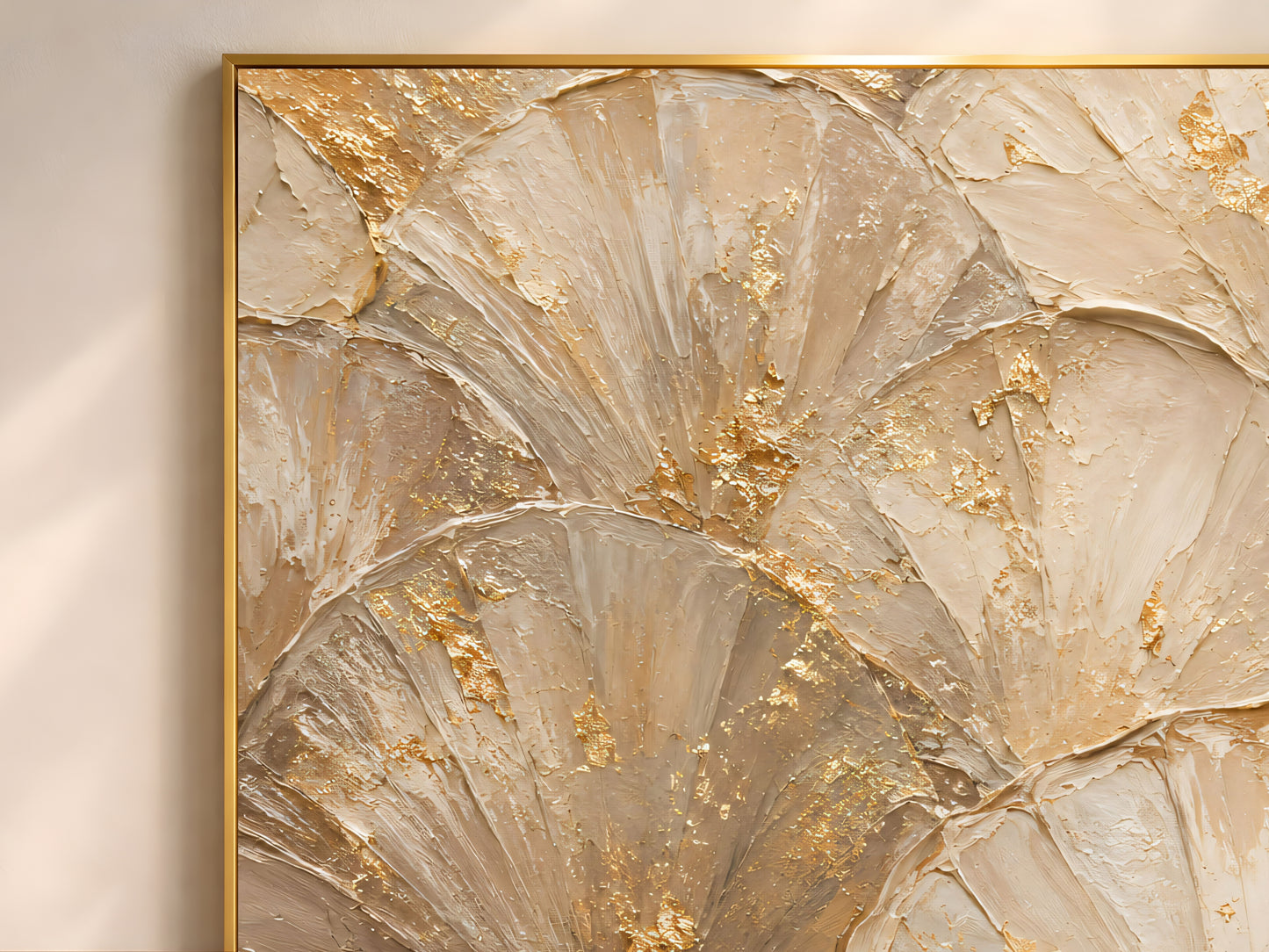 Close up of ginkgo leaf wall art showing layered impasto texture and gold flecking
