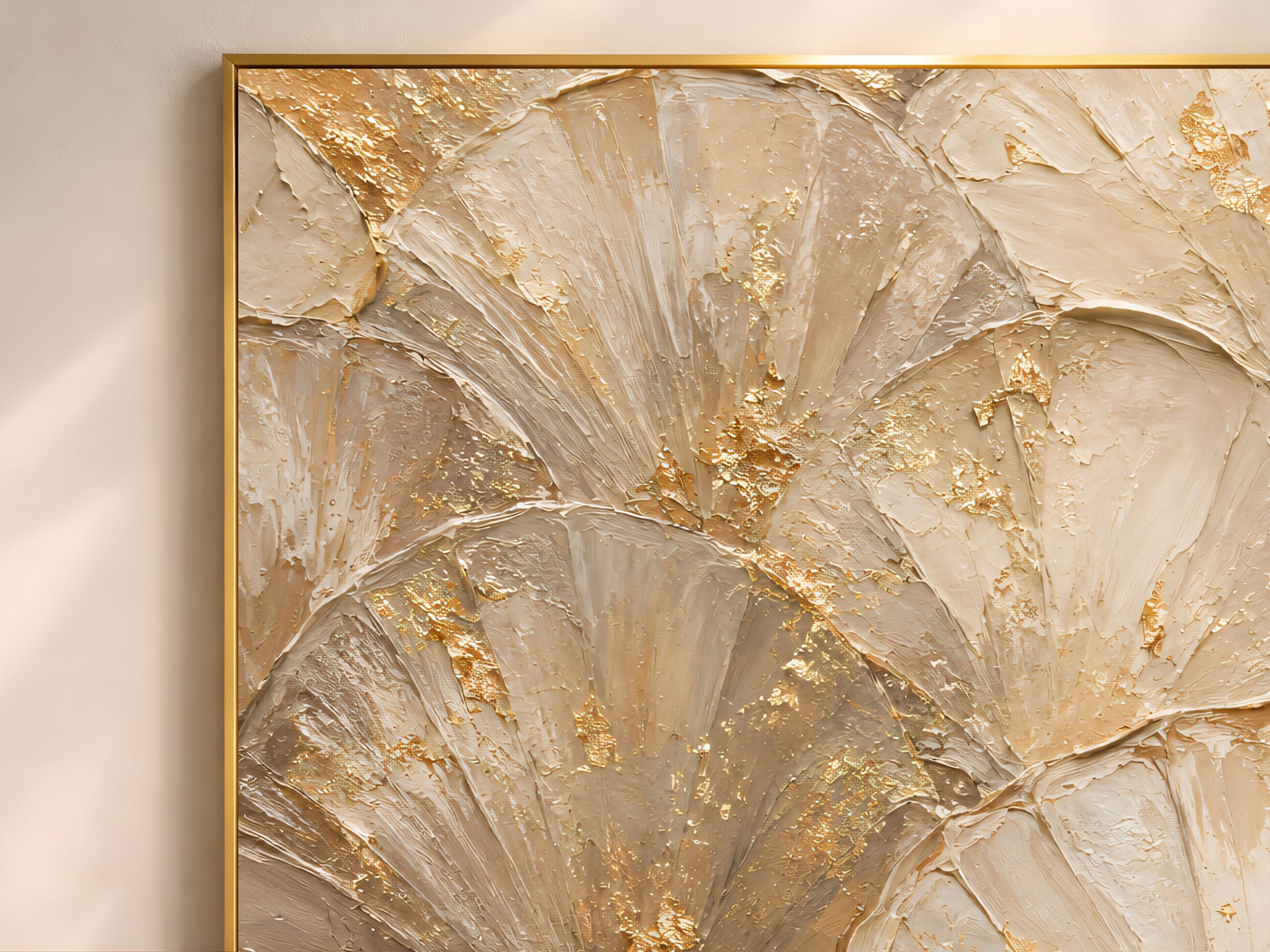 Close up of ginkgo leaf wall art showing layered impasto texture and gold flecking
