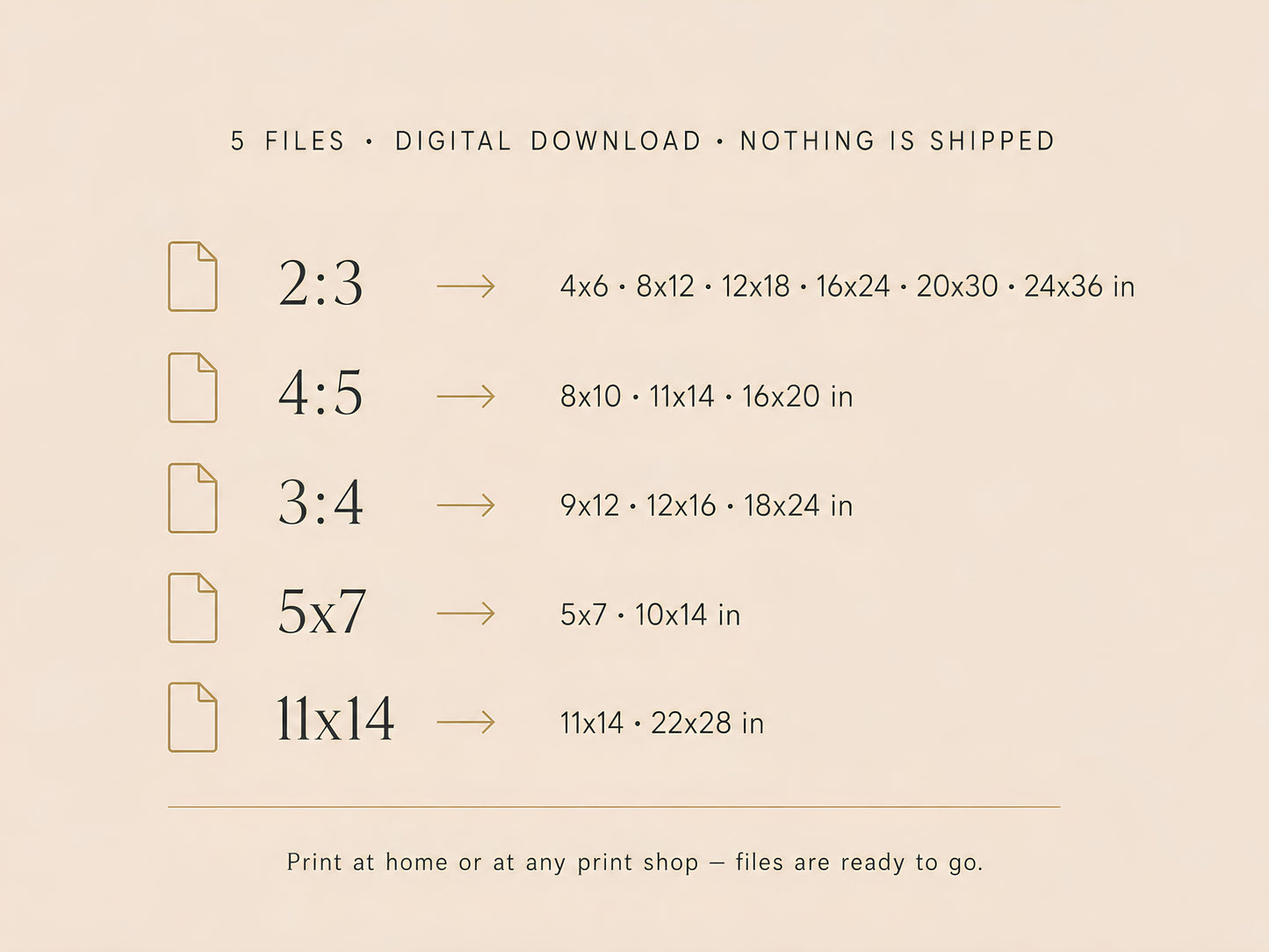 Files included size chart — 5 digital download ratios: 2:3, 4:5, 3:4, 5×7, and 11×14 — nothing is shipped
