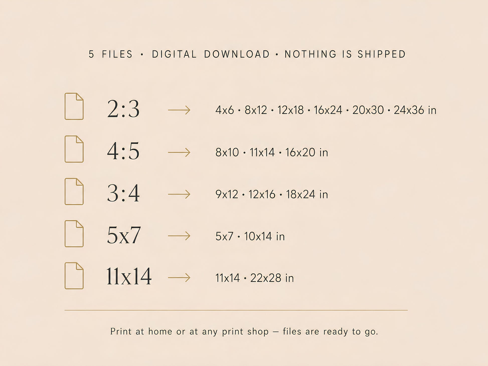 Files included size chart — 5 digital download ratios: 2:3, 4:5, 3:4, 5×7, and 11×14 — nothing is shipped