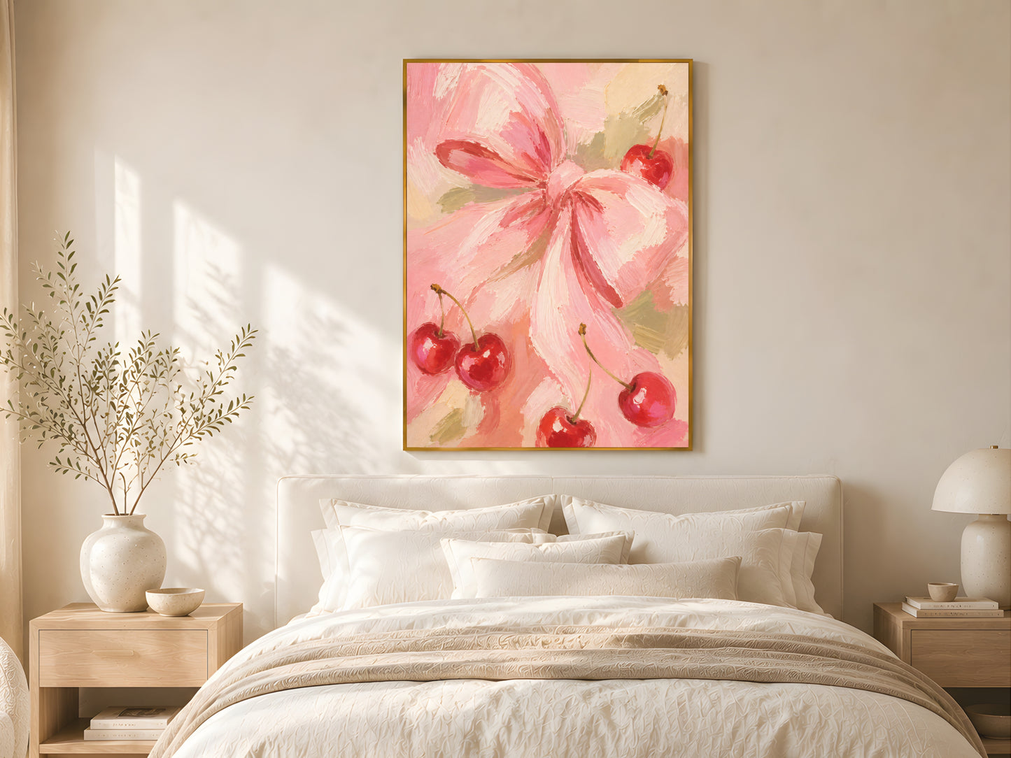 Pink cherry bow framed print hung above a linen bed in a soft neutral Scandinavian bedroom