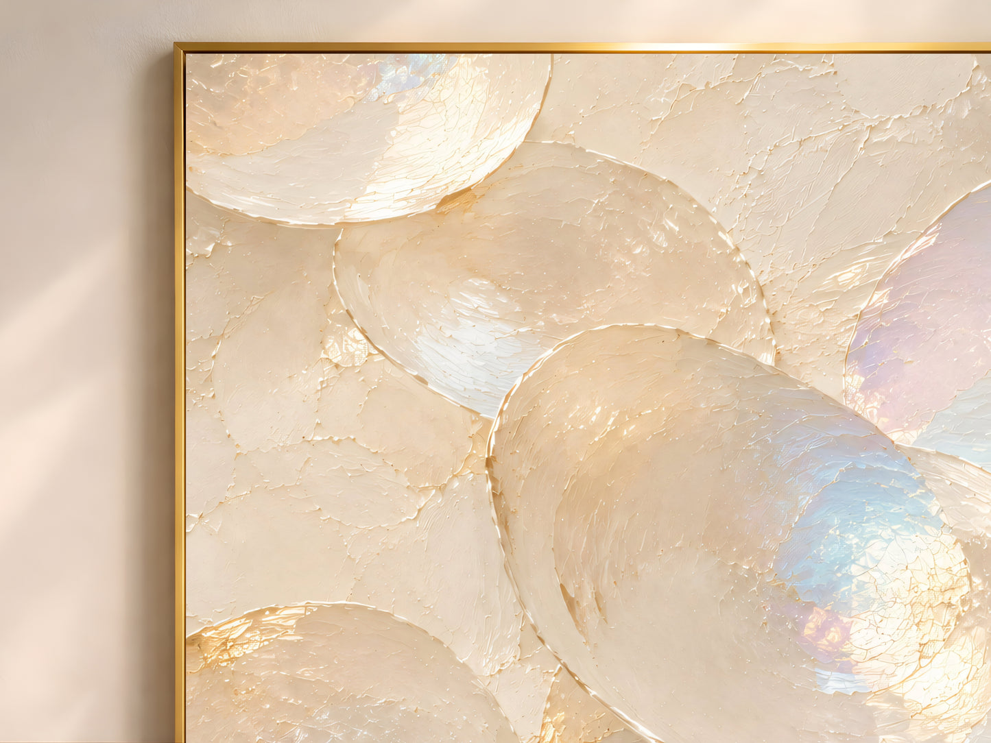 Close up of oyster shell wall art showing layered impasto texture and iridescent blue shimmer
