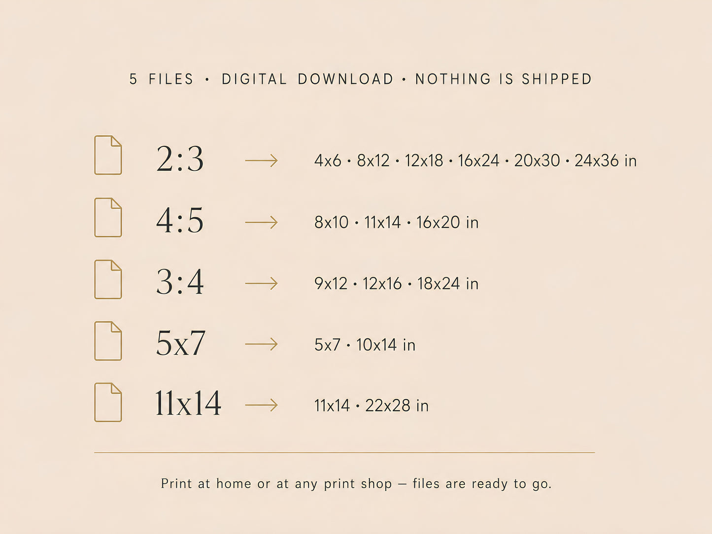 Files included size chart — 5 digital download ratios: 2:3, 4:5, 3:4, 5×7, and 11×14 — nothing is shipped