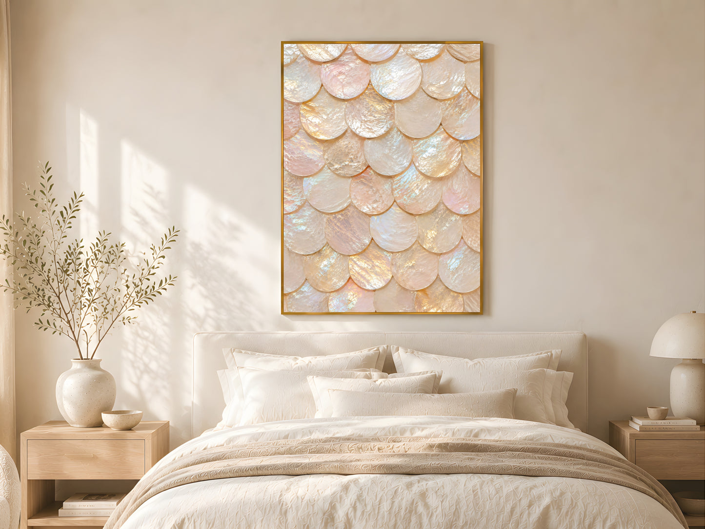 Mother of pearl shell scale print in gold frame above linen bed in neutral quiet luxury bedroom