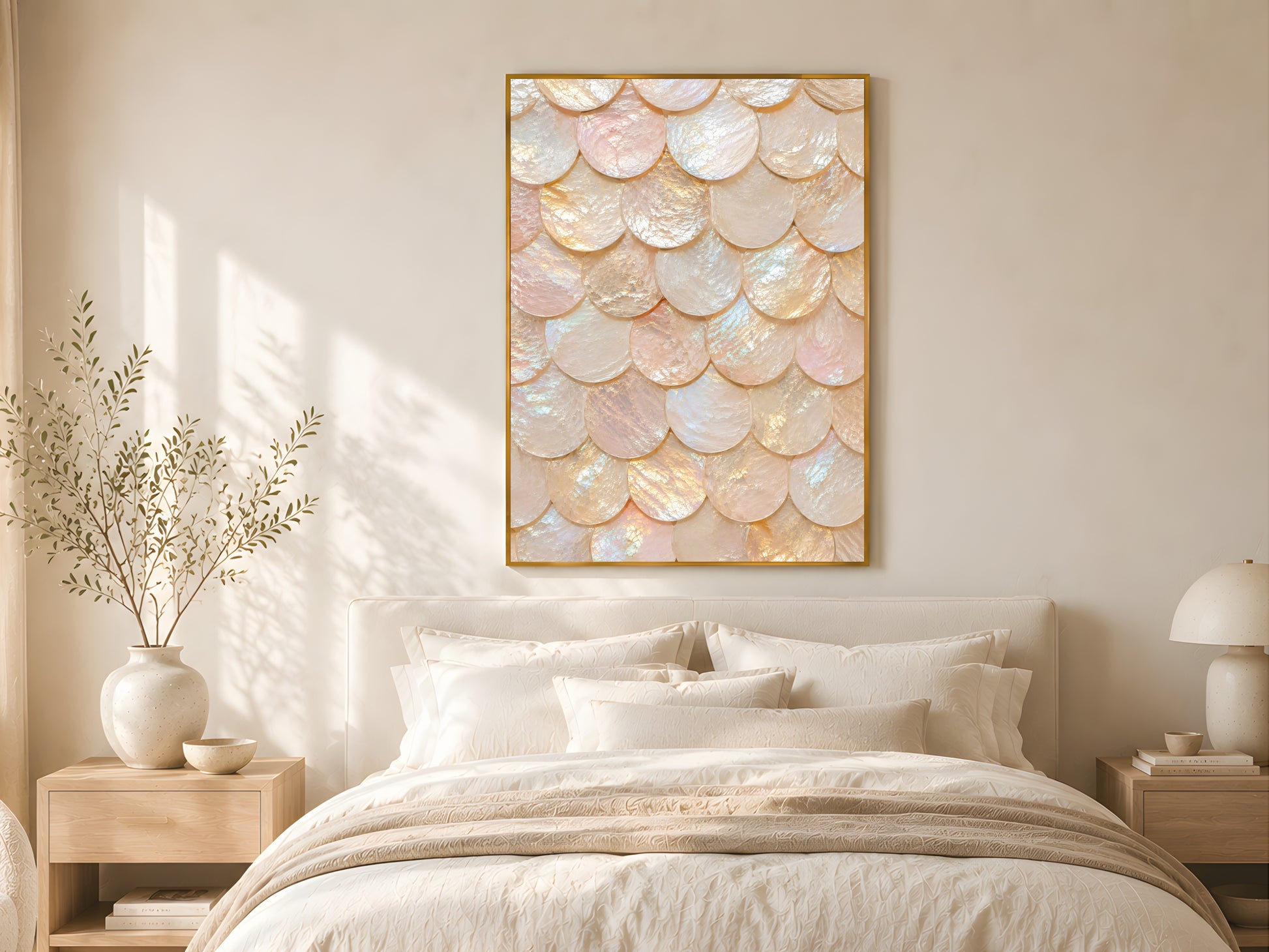 Mother of pearl shell scale print in gold frame above linen bed in neutral quiet luxury bedroom